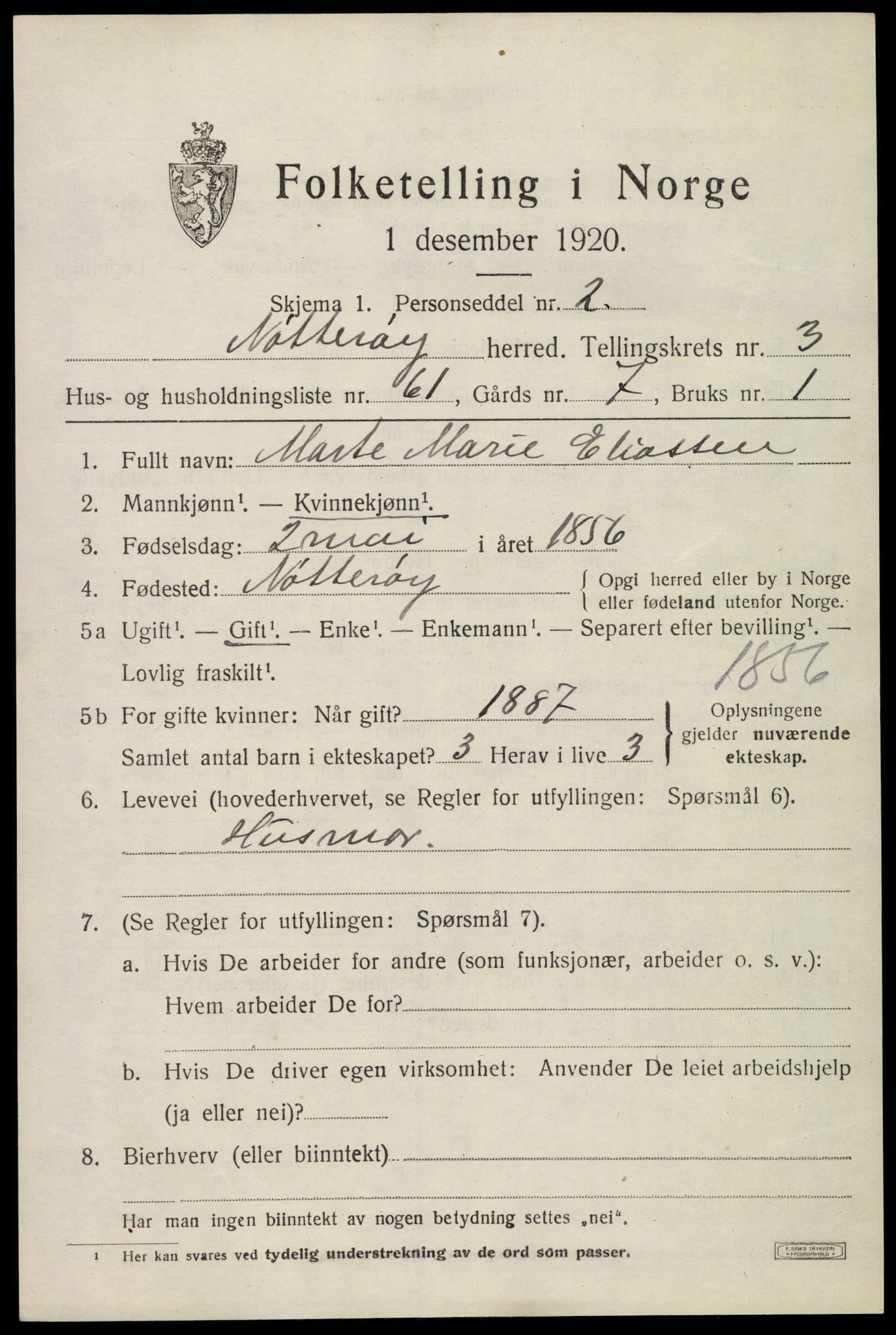 SAKO, 1920 census for Nøtterøy, 1920, p. 6187