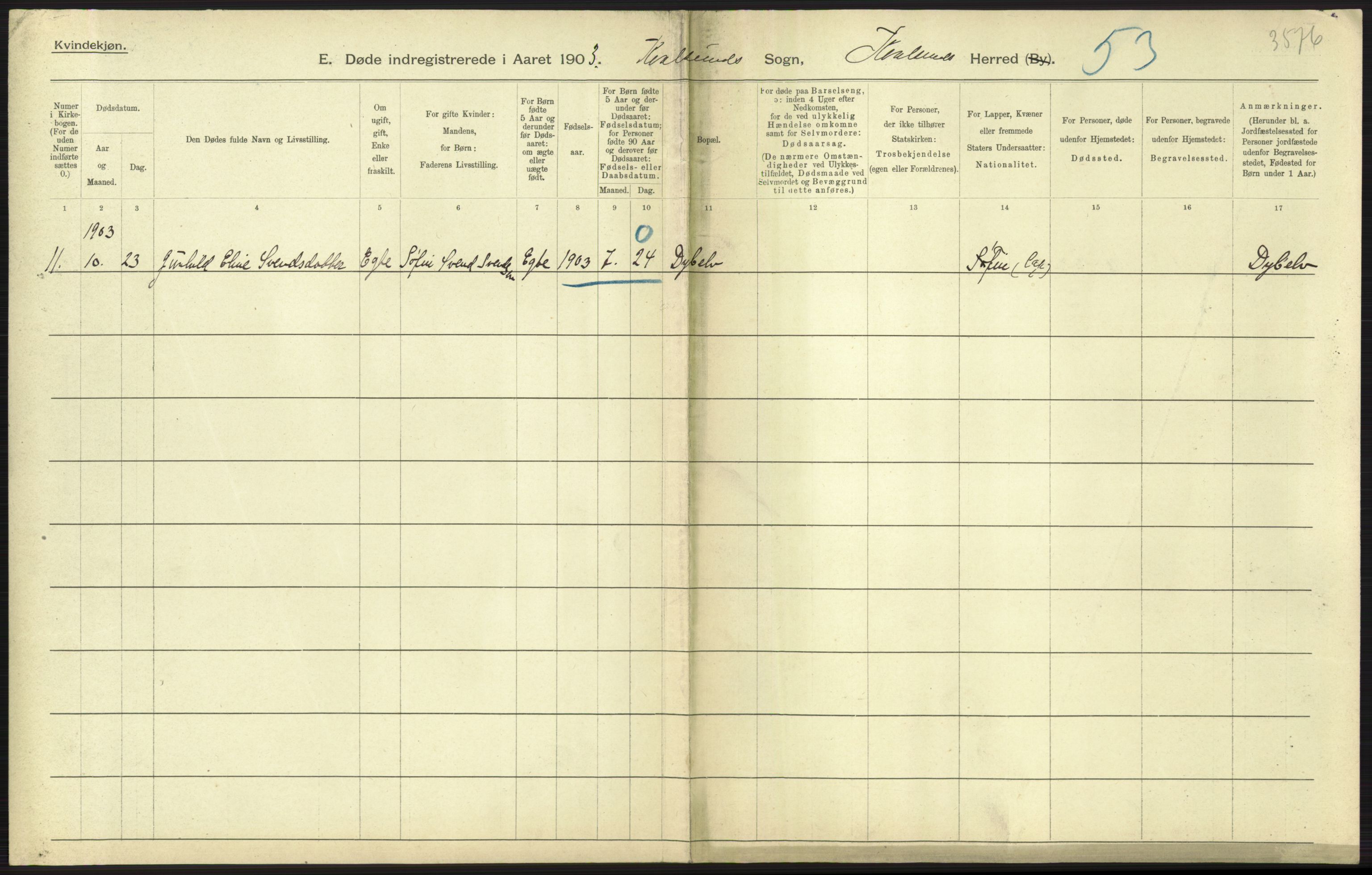 Statistisk sentralbyrå, Sosiodemografiske emner, Befolkning, AV/RA-S-2228/D/Df/Dfa/Dfaa/L0022: Finnmarkens amt: Fødte, gifte, døde., 1903, p. 233