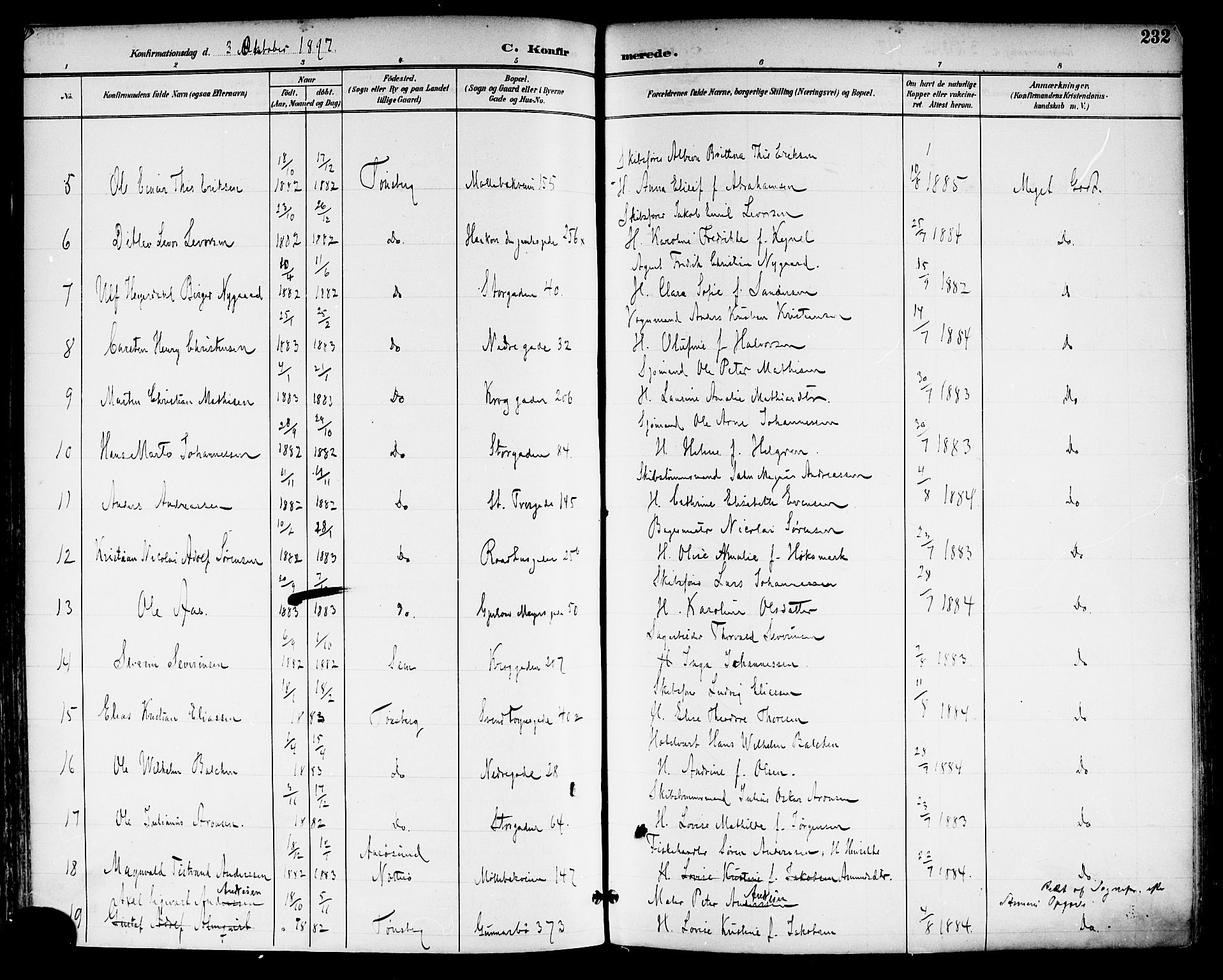 Tønsberg kirkebøker, AV/SAKO-A-330/F/Fa/L0012: Parish register (official) no. I 12, 1891-1899, p. 232