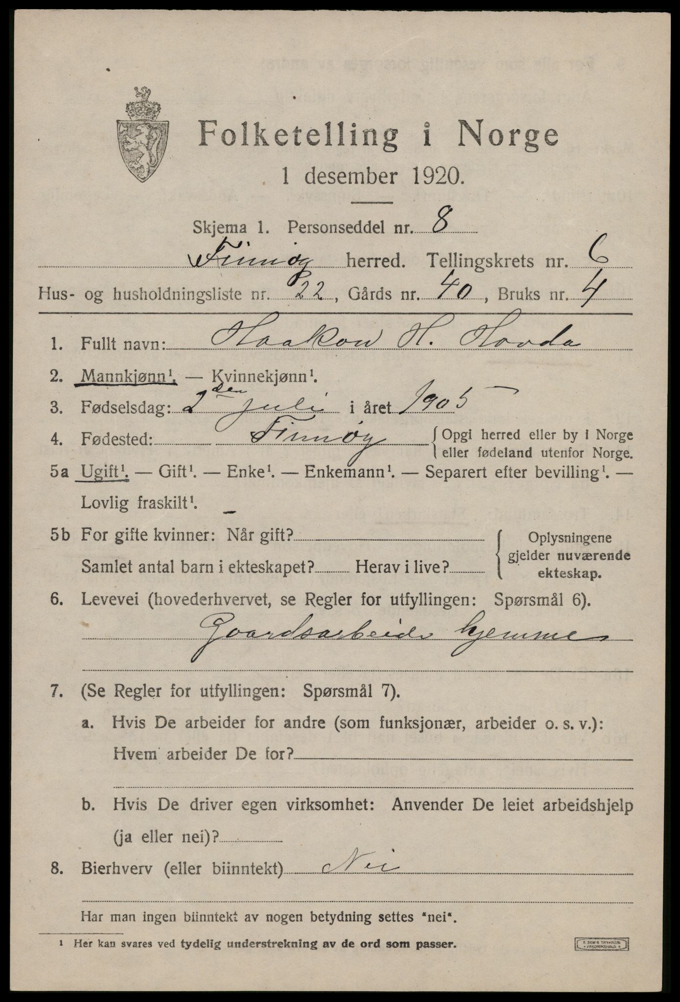 SAST, 1920 census for Finnøy, 1920, p. 3526