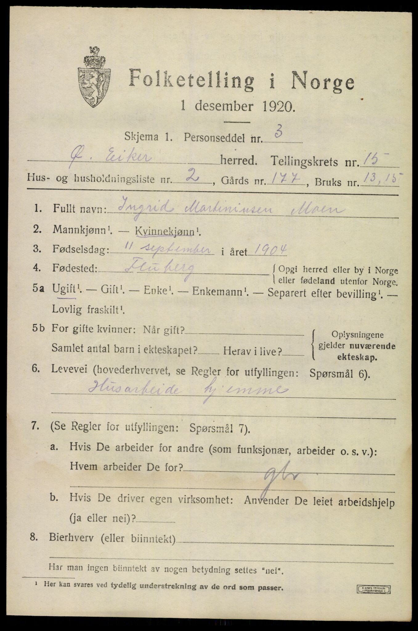 SAKO, 1920 census for Øvre Eiker, 1920, p. 20664