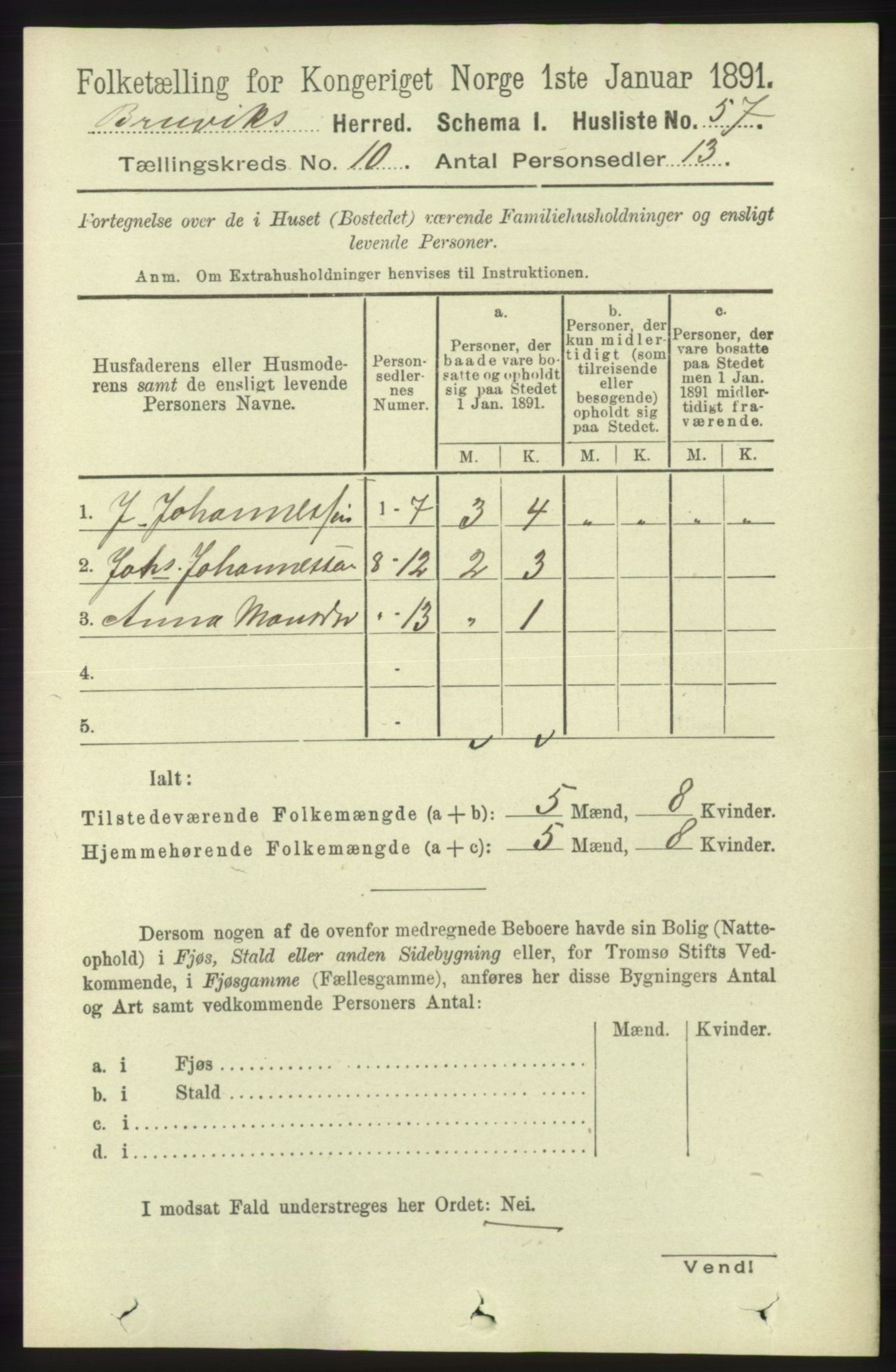 RA, 1891 census for 1251 Bruvik, 1891, p. 3645