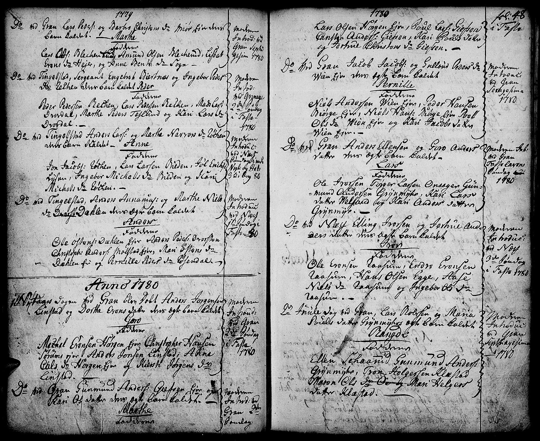 Gran prestekontor, SAH/PREST-112/H/Ha/Haa/L0005: Parish register (official) no. 5, 1776-1788, p. 48