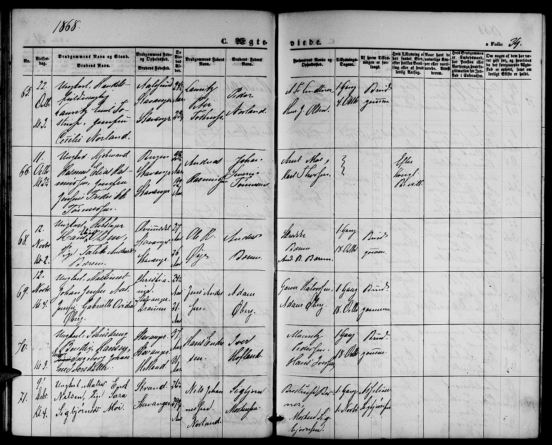 St. Petri sokneprestkontor, AV/SAST-A-101813/001/30/30BB/L0002: Parish register (copy) no. B 2, 1865-1885, p. 39