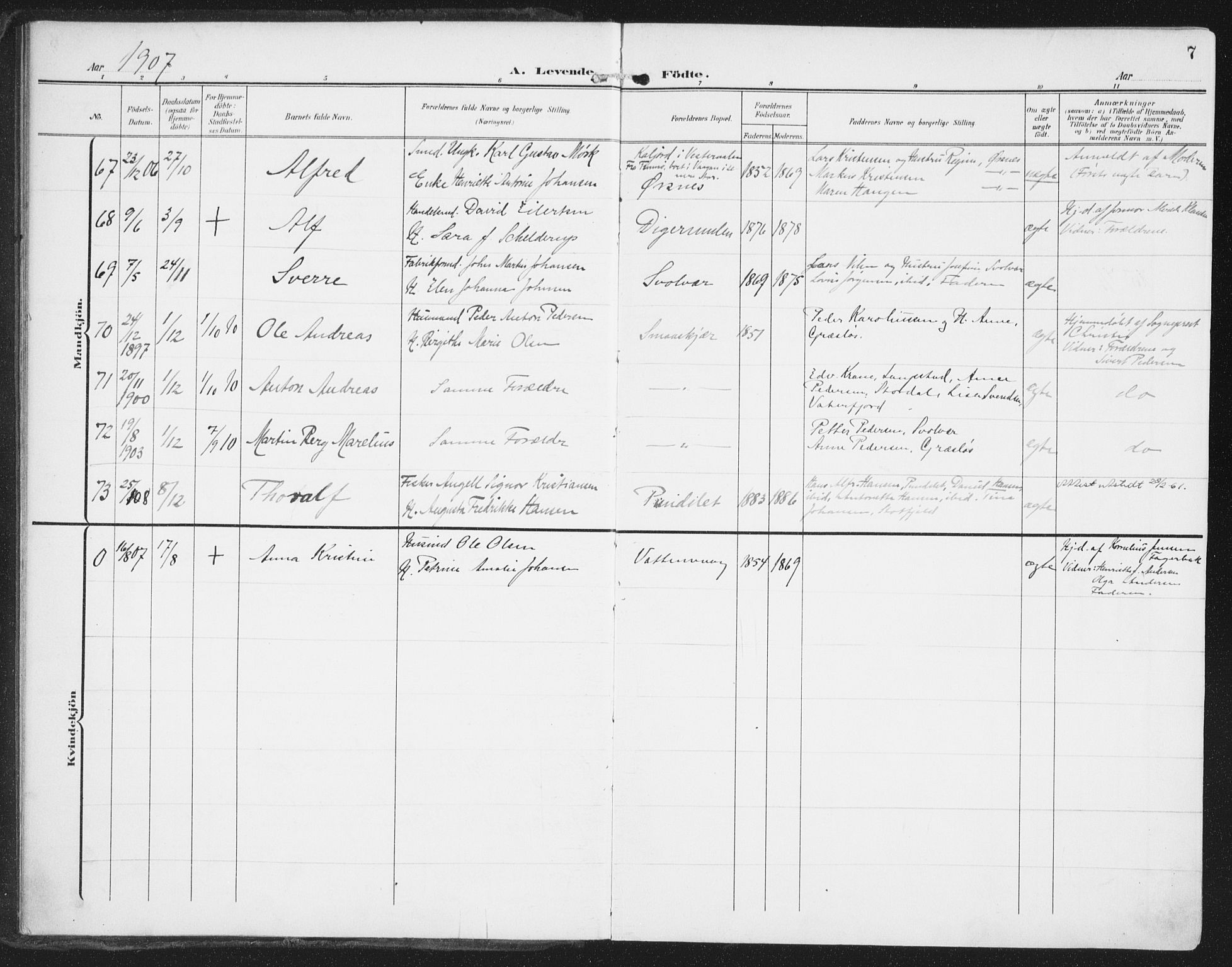 Ministerialprotokoller, klokkerbøker og fødselsregistre - Nordland, AV/SAT-A-1459/874/L1063: Parish register (official) no. 874A07, 1907-1915, p. 7