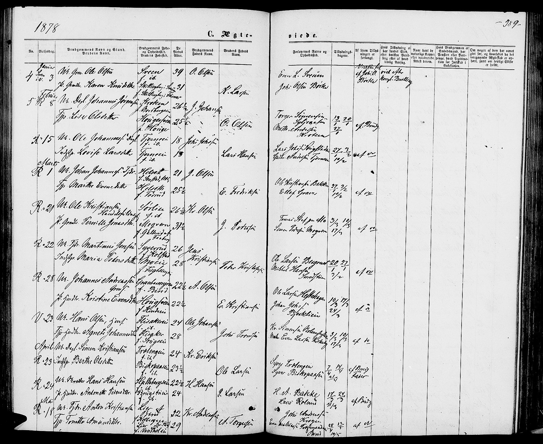 Ringsaker prestekontor, AV/SAH-PREST-014/L/La/L0008: Parish register (copy) no. 8, 1870-1878, p. 389