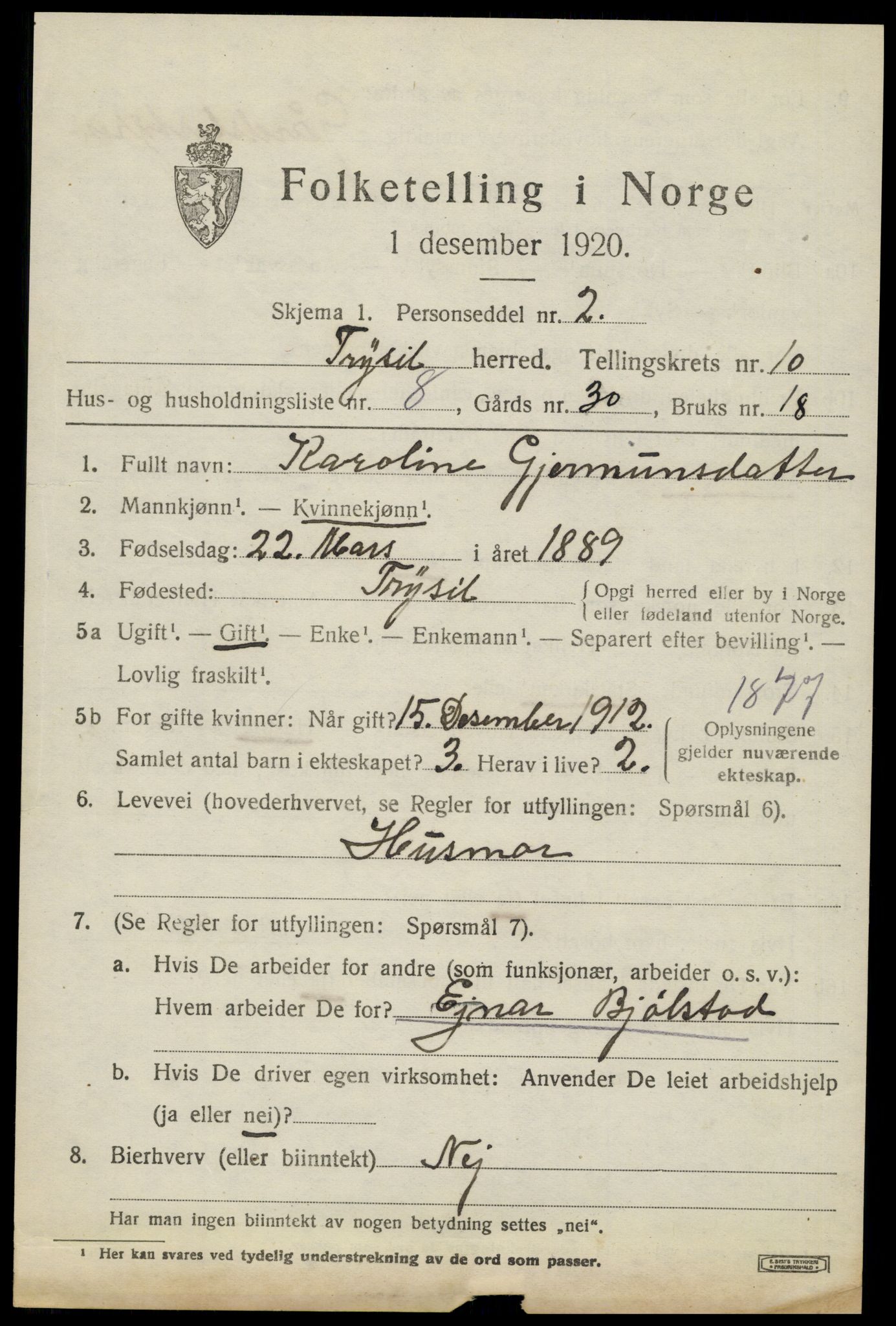 SAH, 1920 census for Trysil, 1920, p. 6945