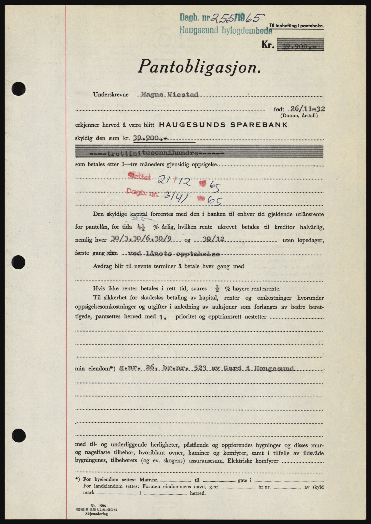 Haugesund tingrett, SAST/A-101415/01/II/IIC/L0053: Mortgage book no. B 53, 1965-1965, Diary no: : 255/1965