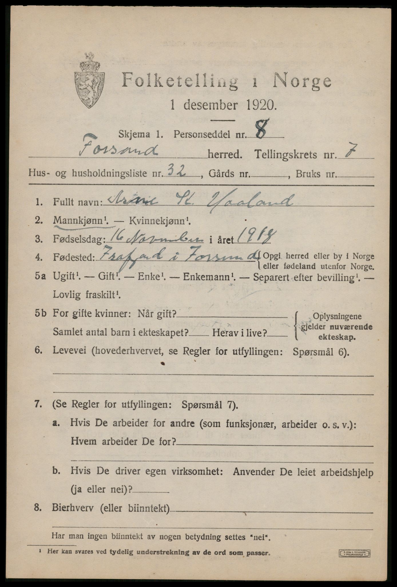 SAST, 1920 census for Forsand, 1920, p. 3765