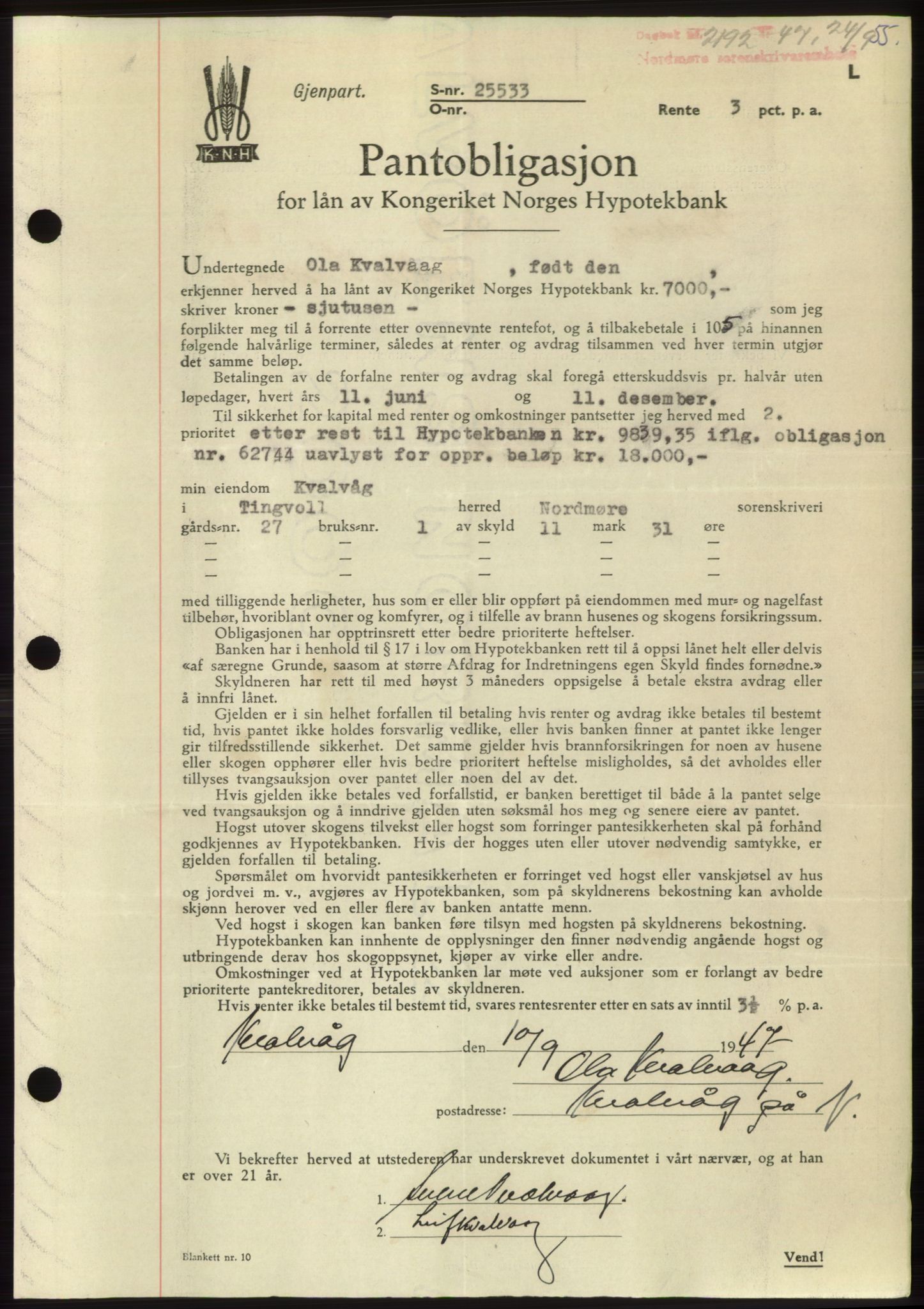 Nordmøre sorenskriveri, AV/SAT-A-4132/1/2/2Ca: Mortgage book no. B97, 1947-1948, Diary no: : 2192/1947