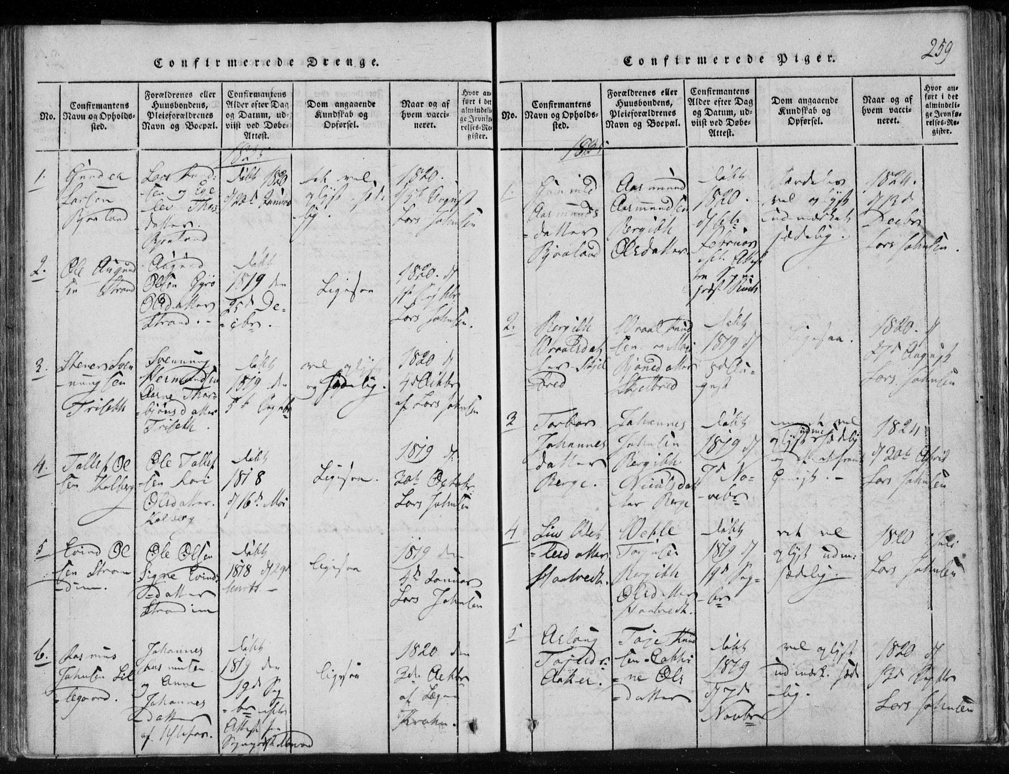 Lårdal kirkebøker, SAKO/A-284/F/Fa/L0005: Parish register (official) no. I 5, 1815-1860, p. 259