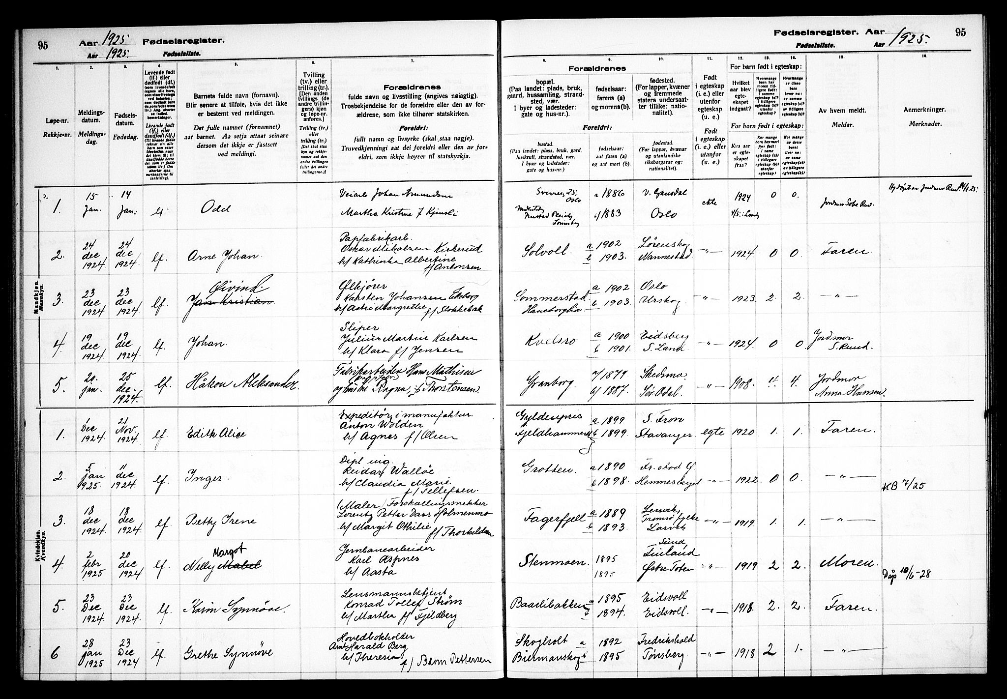 Skedsmo prestekontor Kirkebøker, SAO/A-10033a/J/Jb/L0001: Birth register no. II 1, 1916-1932, p. 95