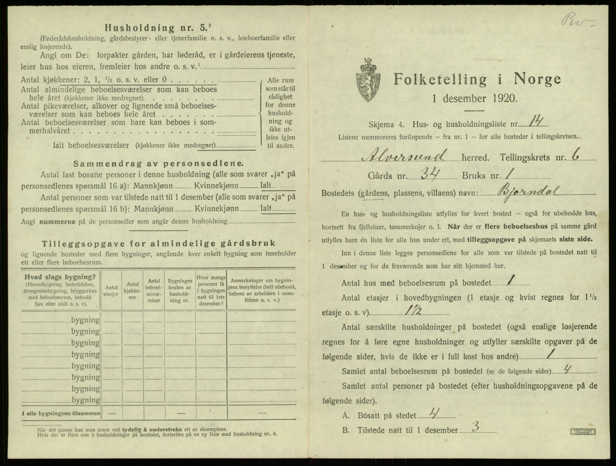 SAB, 1920 census for Alversund, 1920, p. 543