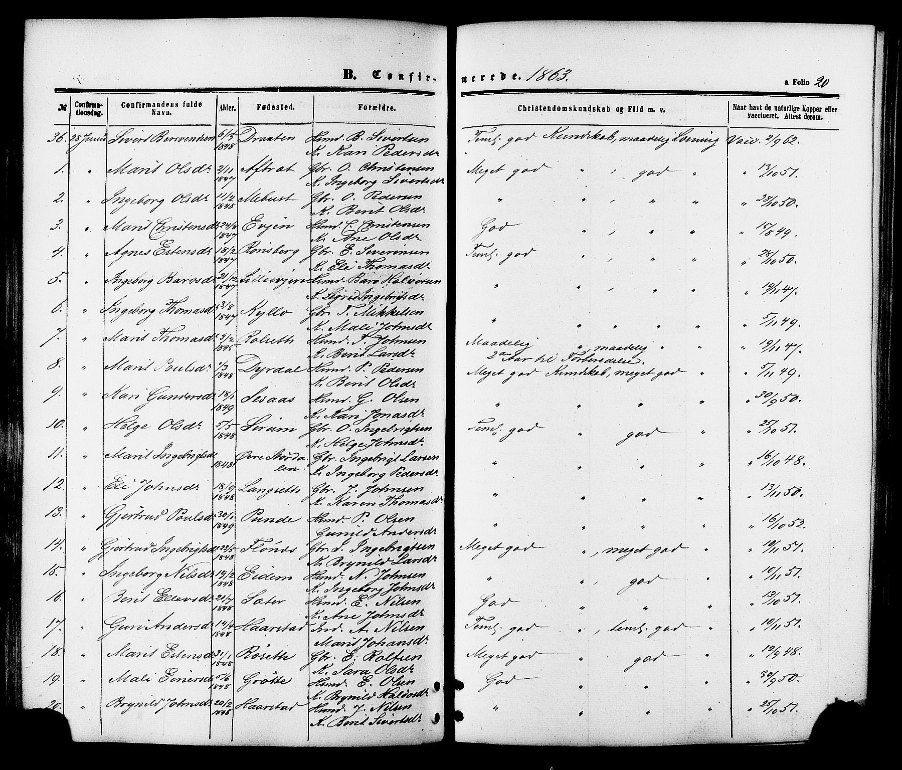 Ministerialprotokoller, klokkerbøker og fødselsregistre - Sør-Trøndelag, AV/SAT-A-1456/695/L1147: Parish register (official) no. 695A07, 1860-1877, p. 20