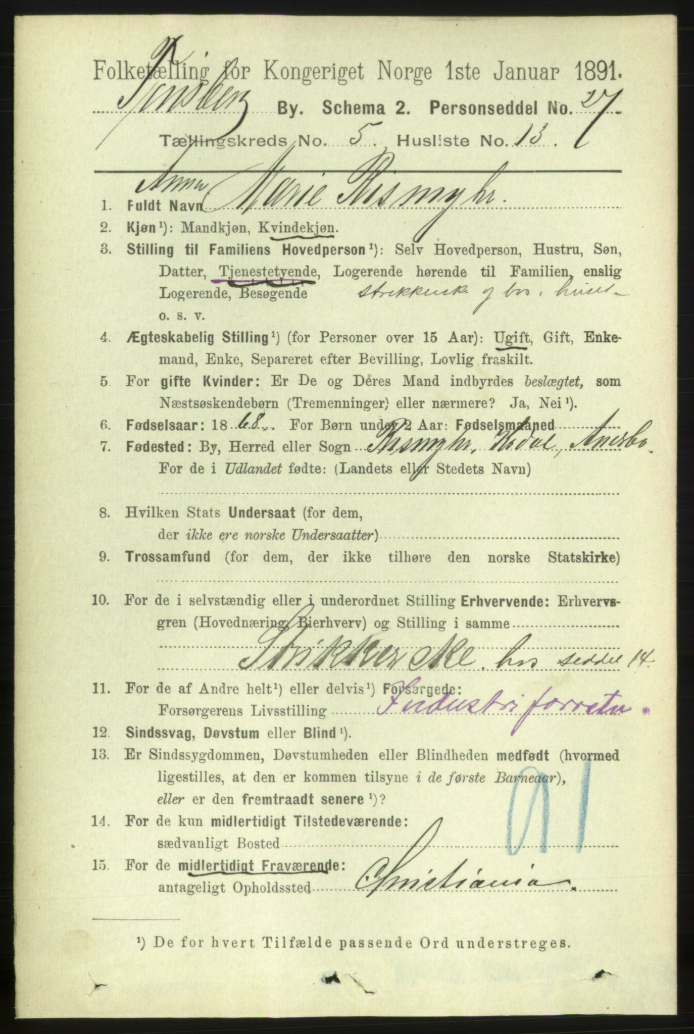 RA, 1891 census for 0705 Tønsberg, 1891, p. 2444