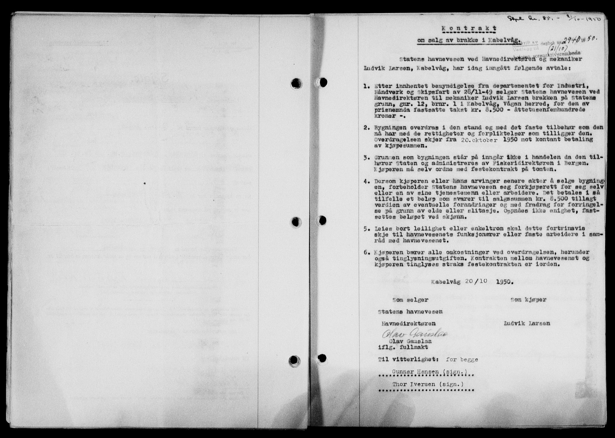 Lofoten sorenskriveri, SAT/A-0017/1/2/2C/L0024a: Mortgage book no. 24a, 1950-1950, Diary no: : 2940/1950