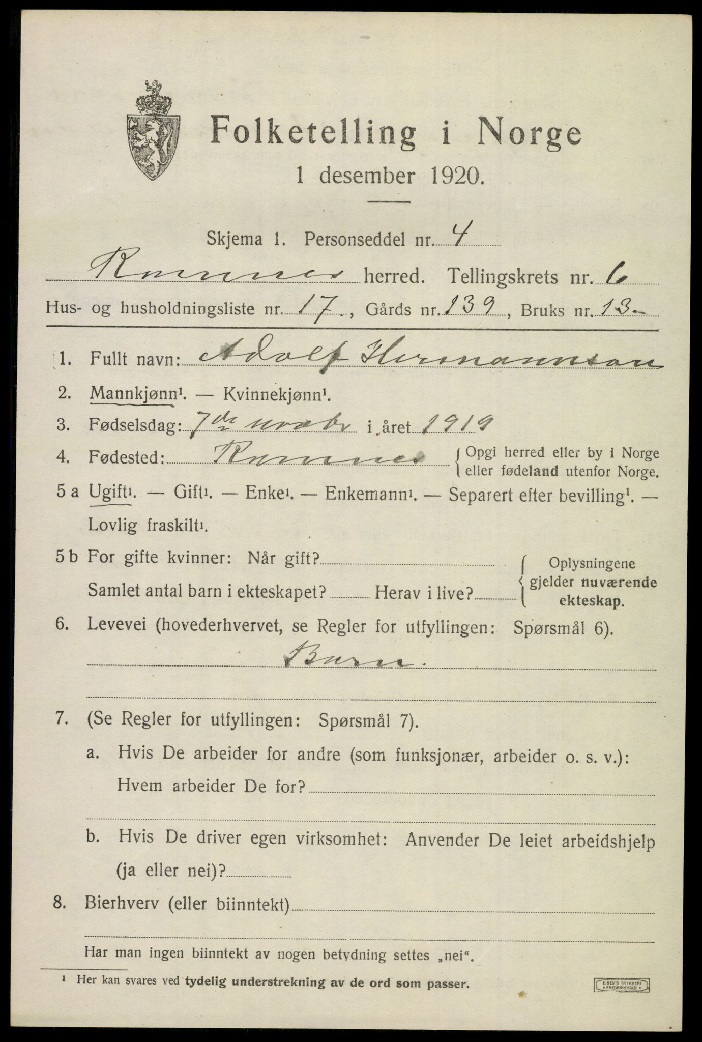 SAKO, 1920 census for Ramnes, 1920, p. 6352