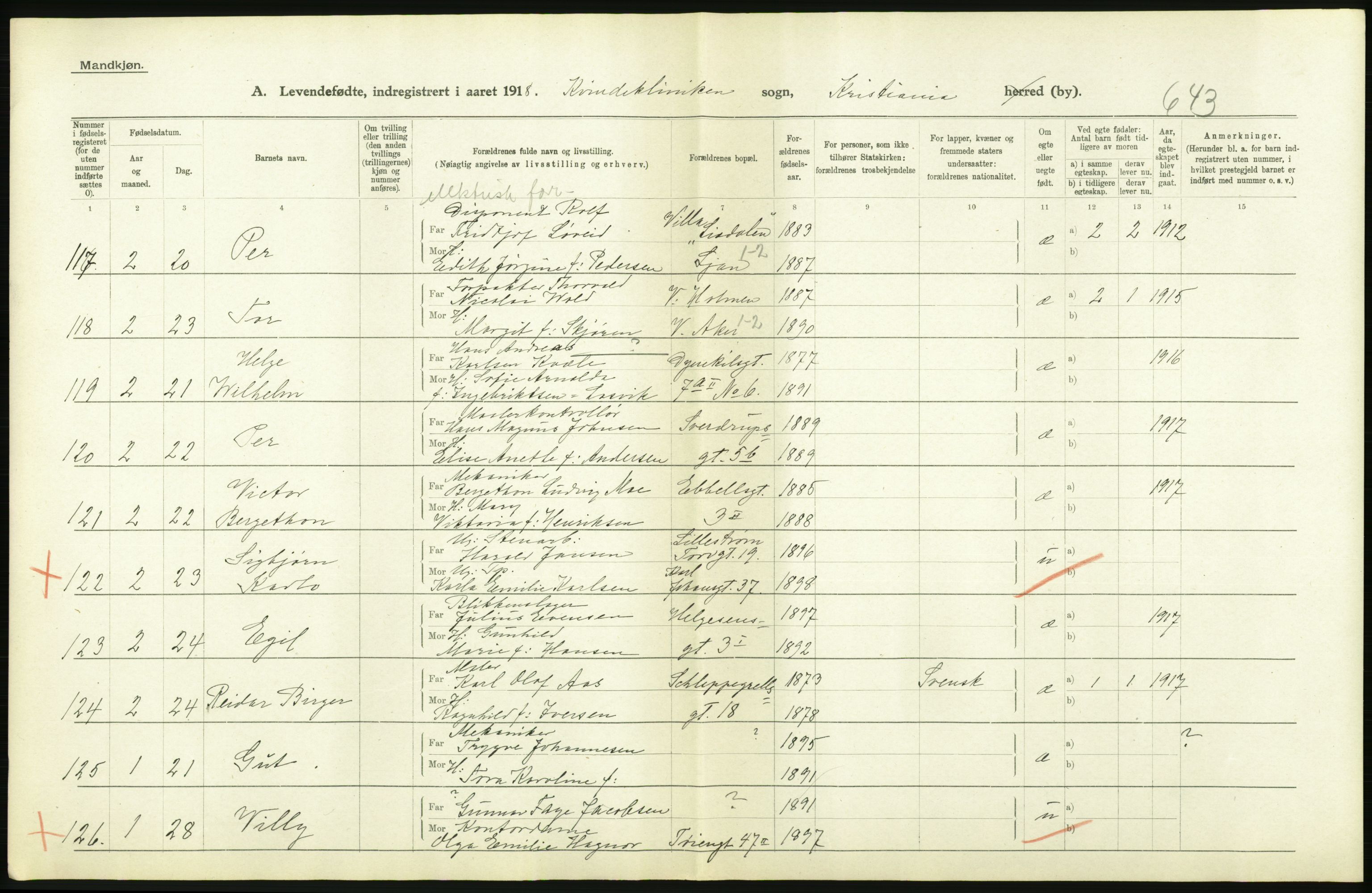 Statistisk sentralbyrå, Sosiodemografiske emner, Befolkning, AV/RA-S-2228/D/Df/Dfb/Dfbh/L0008: Kristiania: Levendefødte menn og kvinner., 1918, p. 414