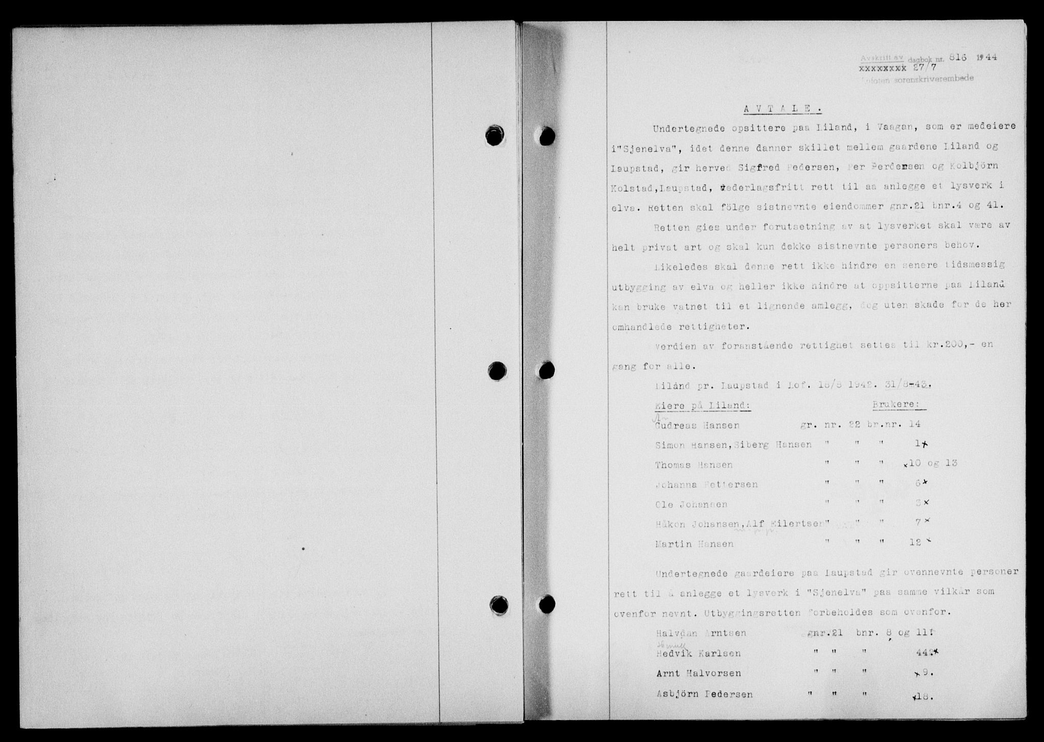 Lofoten sorenskriveri, SAT/A-0017/1/2/2C/L0012a: Mortgage book no. 12a, 1943-1944, Diary no: : 816/1944