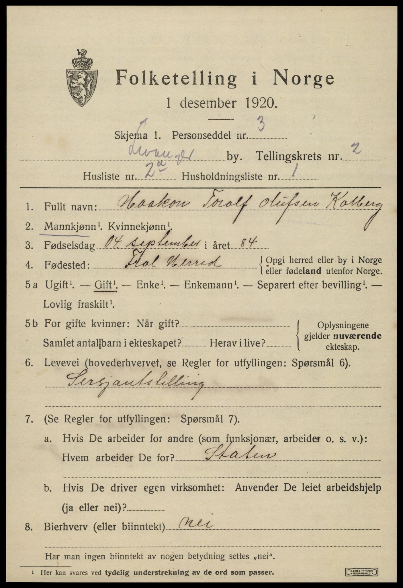 SAT, 1920 census for Levanger town, 1920, p. 2818