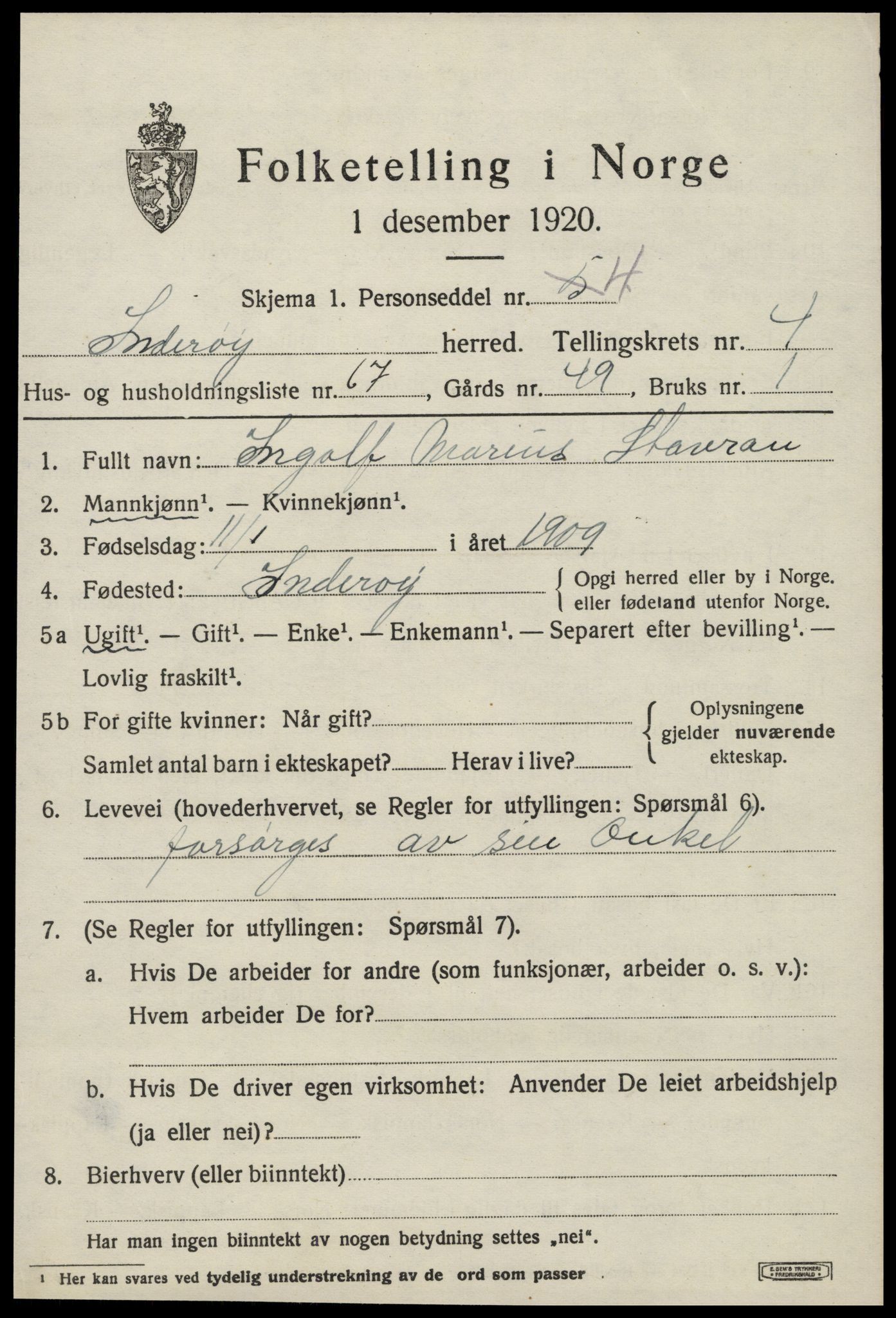 SAT, 1920 census for Inderøy, 1920, p. 4185