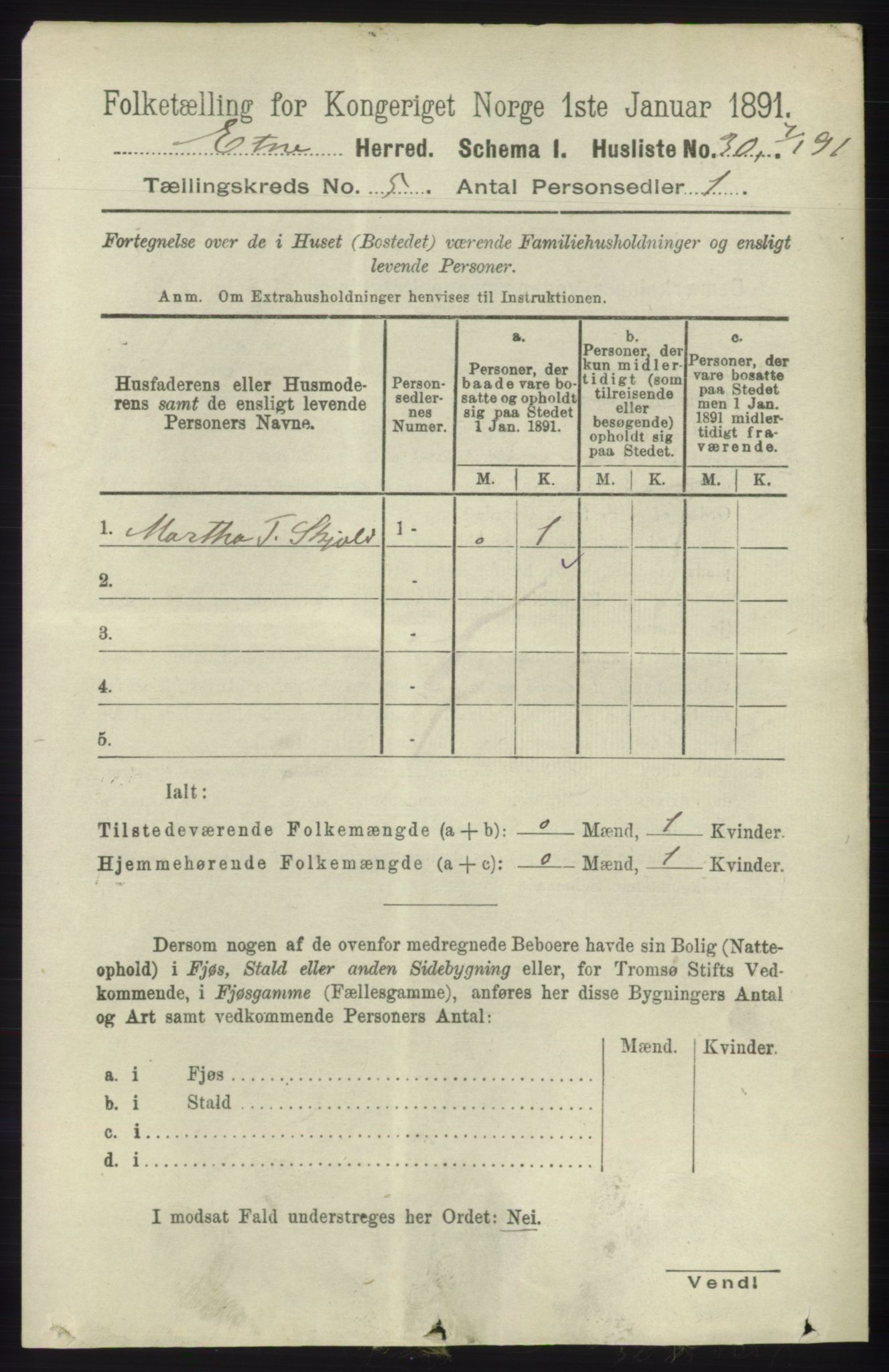 RA, 1891 census for 1211 Etne, 1891, p. 1016