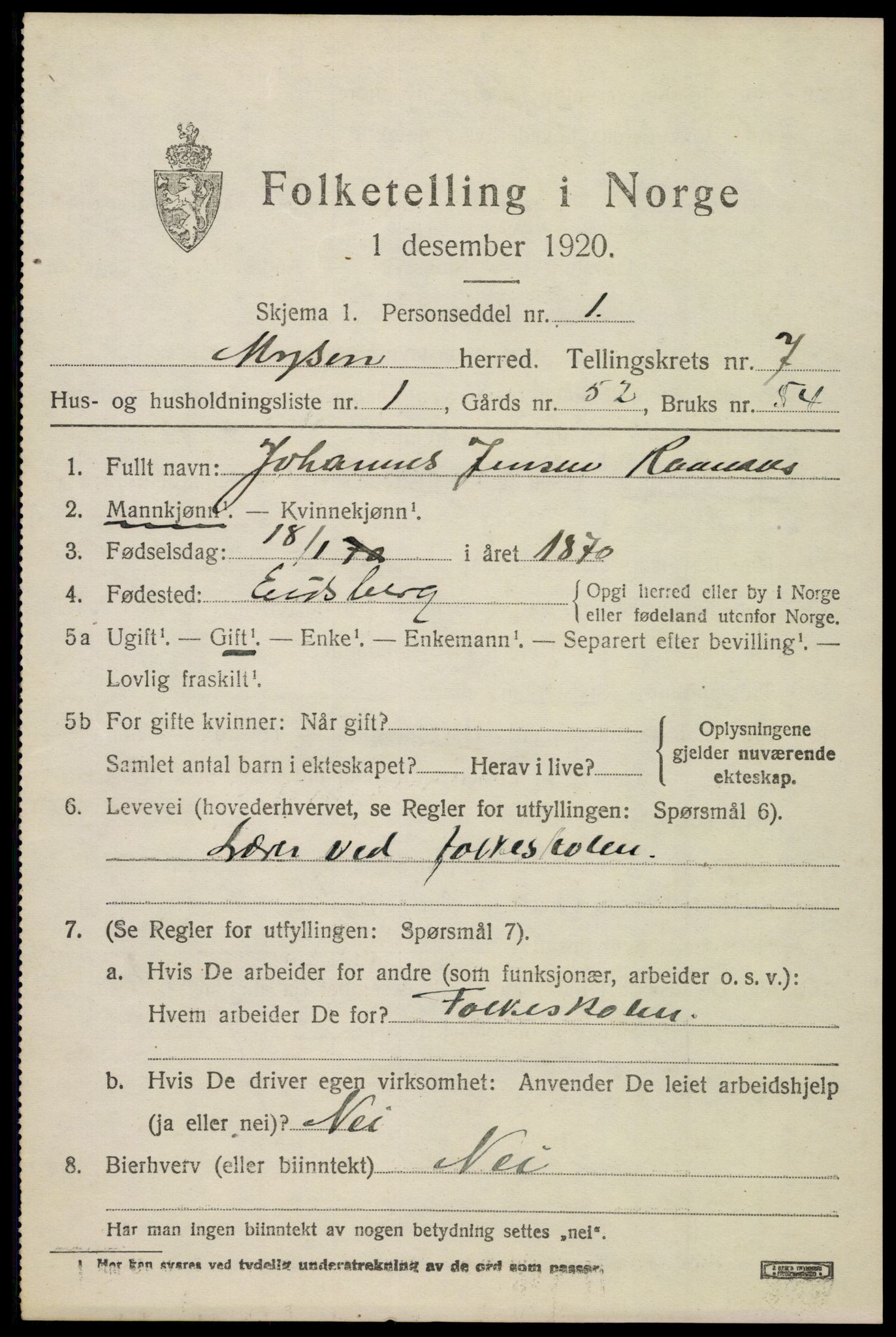 SAO, 1920 census for Mysen, 1920, p. 3253