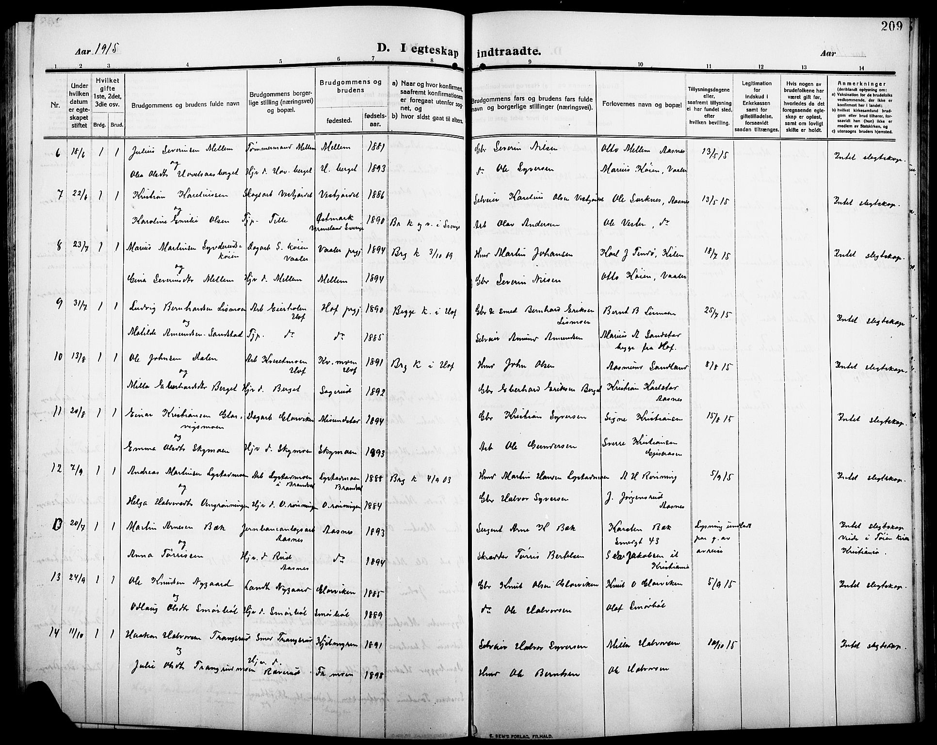 Åsnes prestekontor, AV/SAH-PREST-042/H/Ha/Hab/L0007: Parish register (copy) no. 7, 1909-1926, p. 209