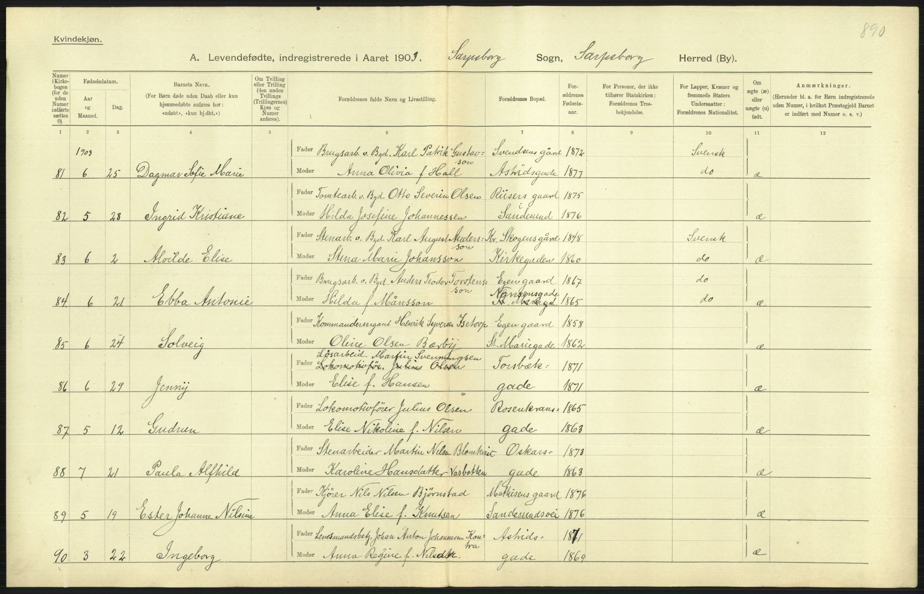 Statistisk sentralbyrå, Sosiodemografiske emner, Befolkning, AV/RA-S-2228/D/Df/Dfa/Dfaa/L0001: Smålenenes amt: Fødte, gifte, døde, 1903, p. 369