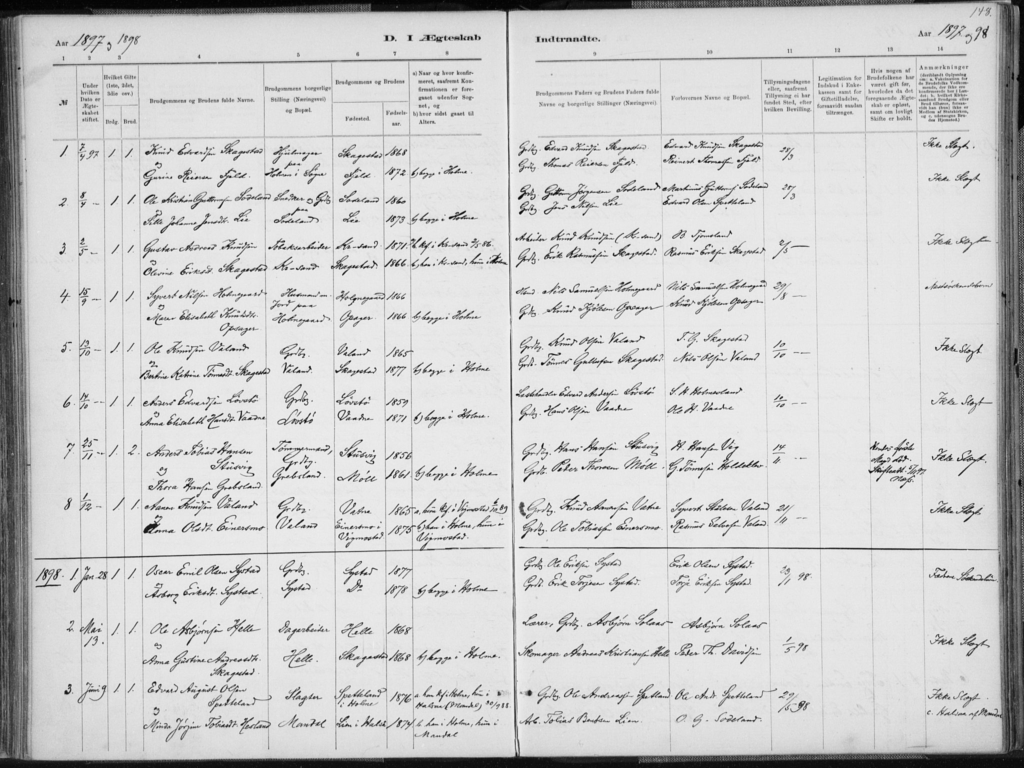 Holum sokneprestkontor, AV/SAK-1111-0022/F/Fa/Faa/L0007: Parish register (official) no. A 7, 1884-1907, p. 148