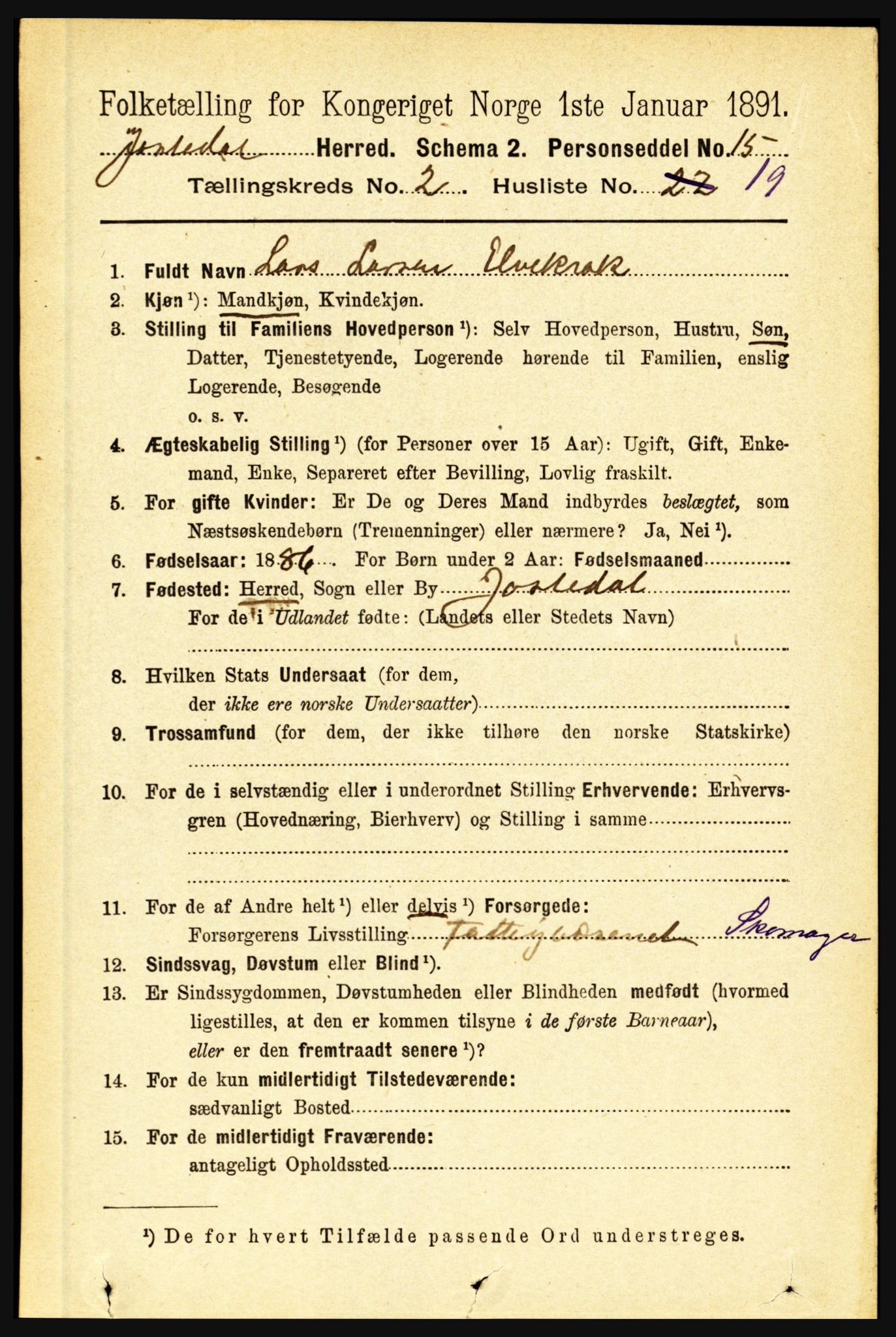 RA, 1891 census for 1427 Jostedal, 1891, p. 653