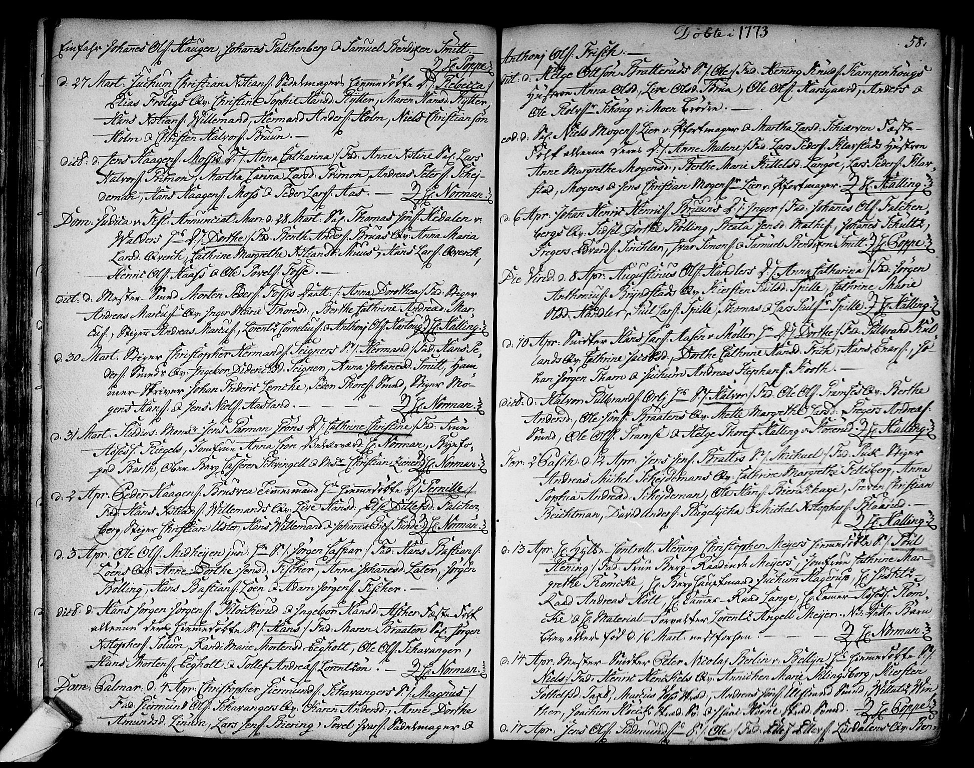 Kongsberg kirkebøker, SAKO/A-22/F/Fa/L0005: Parish register (official) no. I 5, 1769-1782, p. 58