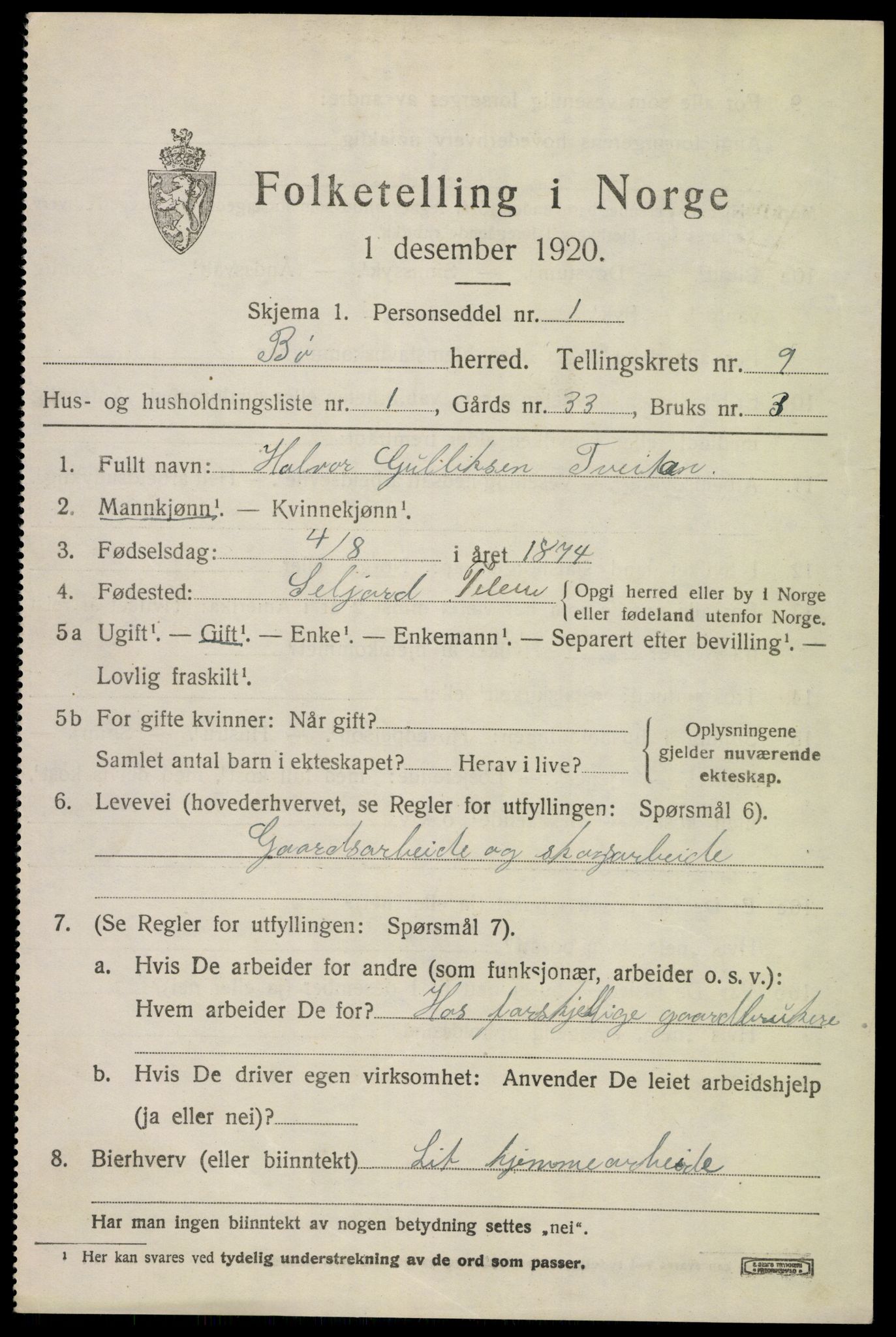 SAKO, 1920 census for Bø (Telemark), 1920, p. 6396