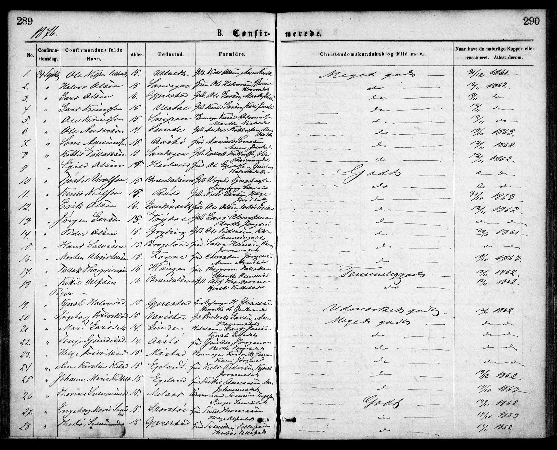 Gjerstad sokneprestkontor, SAK/1111-0014/F/Fa/Faa/L0008: Parish register (official) no. A 8, 1876-1884, p. 289-290