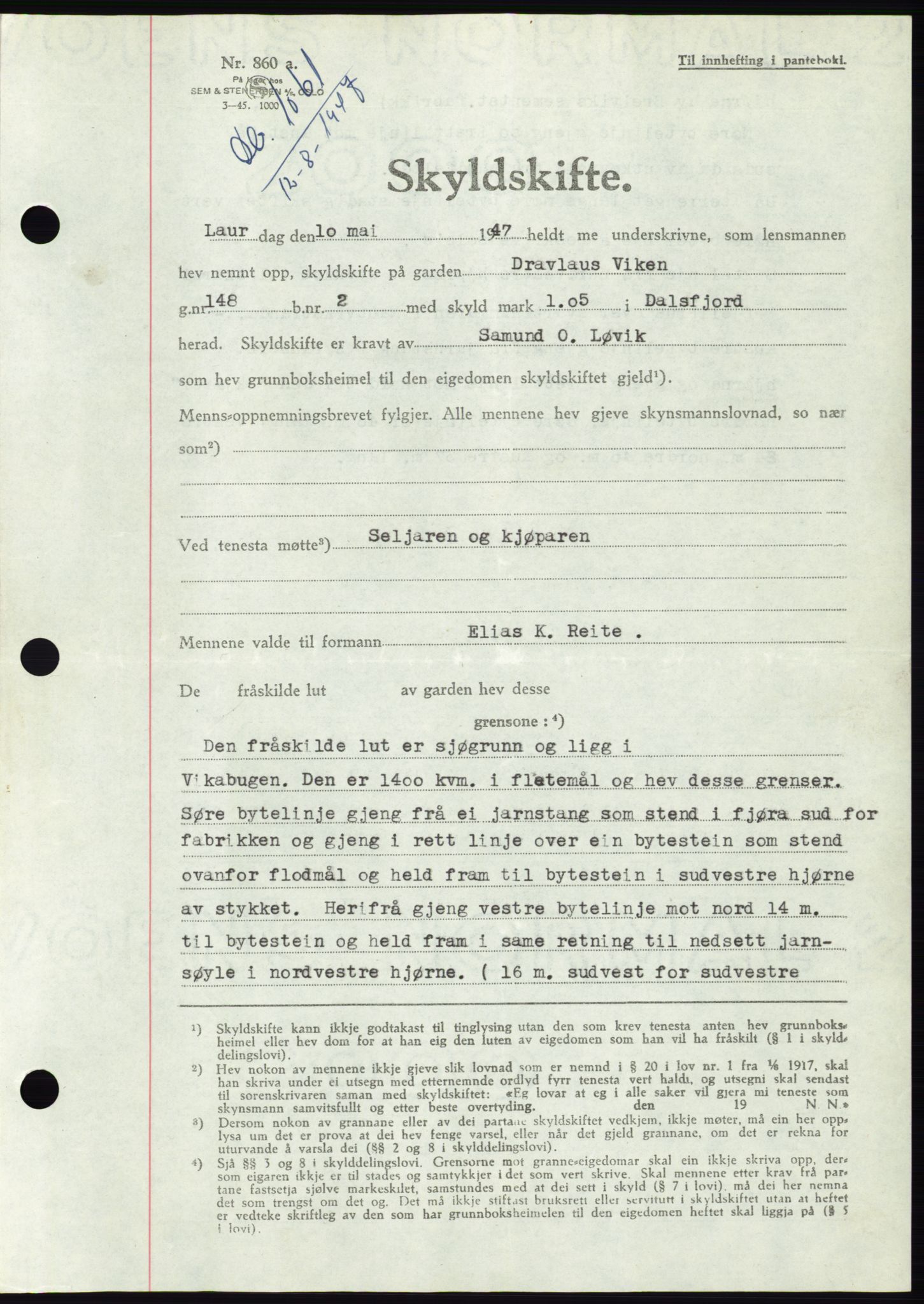 Søre Sunnmøre sorenskriveri, AV/SAT-A-4122/1/2/2C/L0081: Mortgage book no. 7A, 1947-1948, Diary no: : 1061/1947