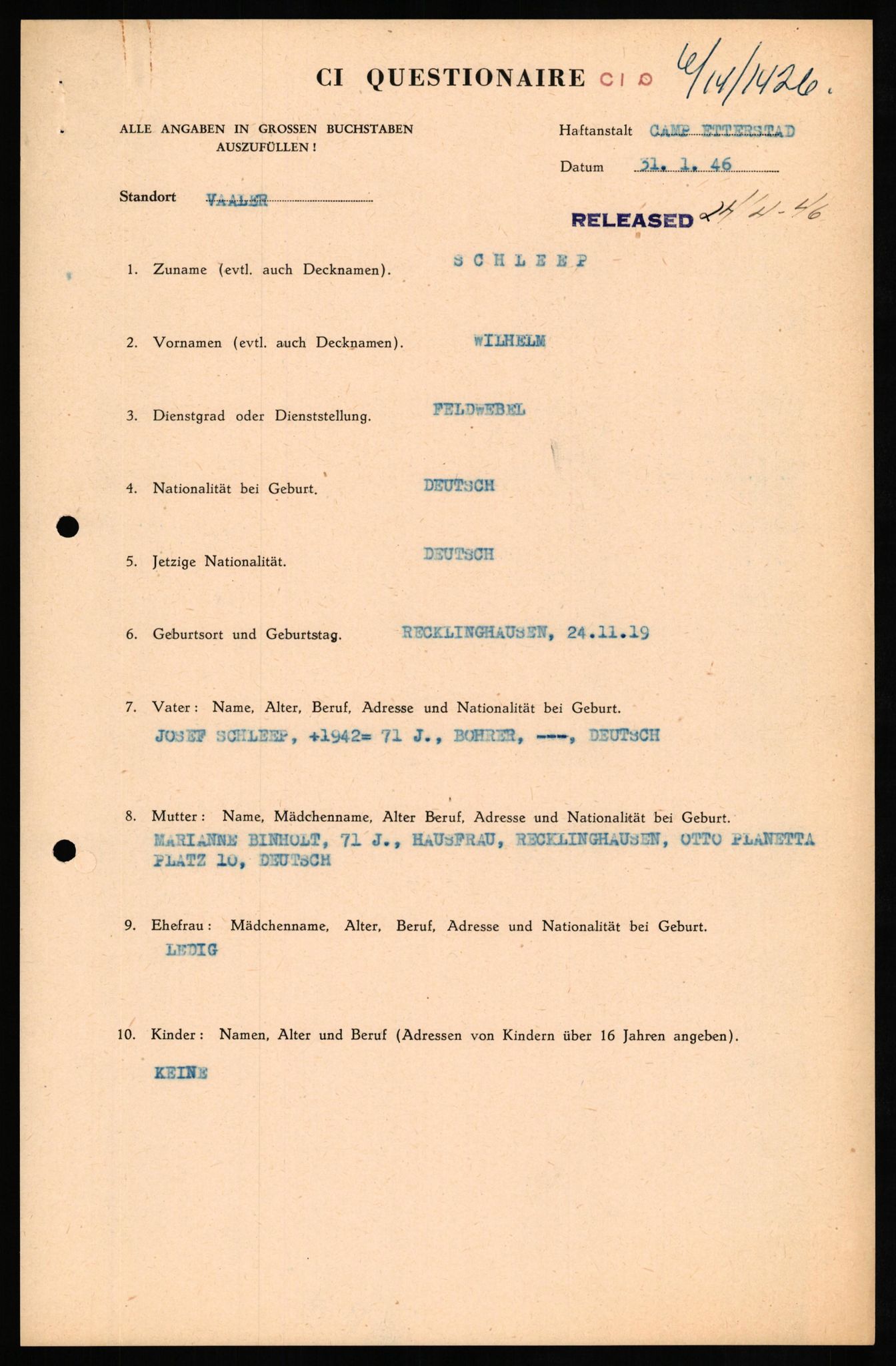 Forsvaret, Forsvarets overkommando II, AV/RA-RAFA-3915/D/Db/L0029: CI Questionaires. Tyske okkupasjonsstyrker i Norge. Tyskere., 1945-1946, p. 221