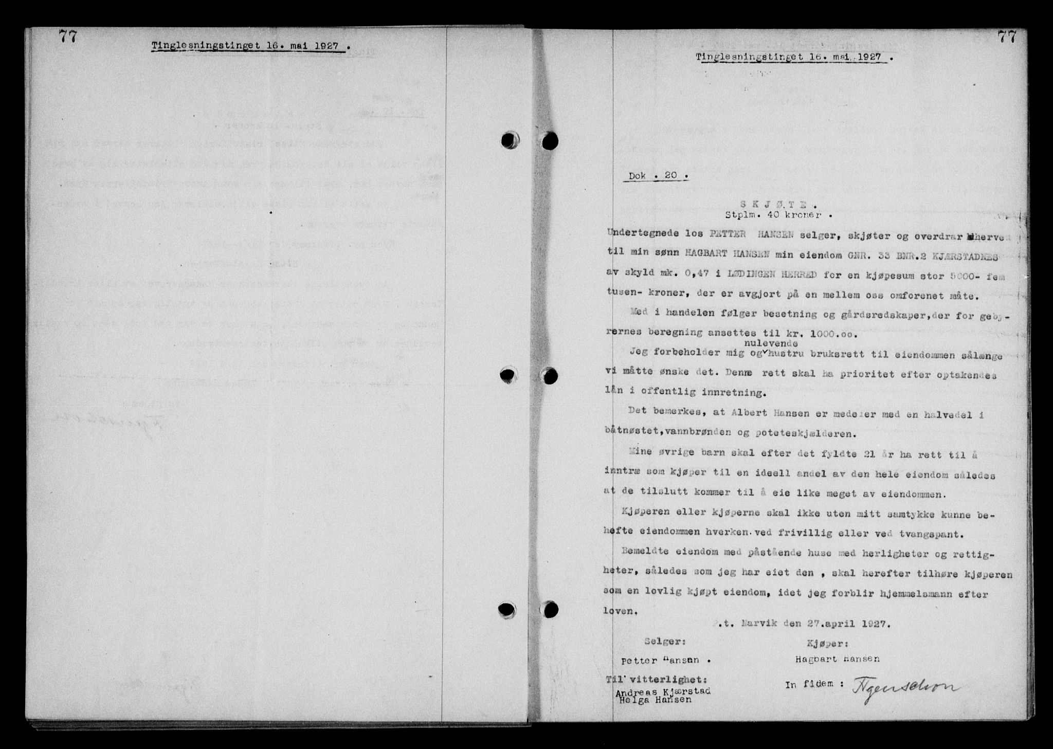 Steigen og Ofoten sorenskriveri, SAT/A-0030/1/2/2C/L0014: Mortgage book no. 13 og 15, 1926-1927, Deed date: 16.05.1927