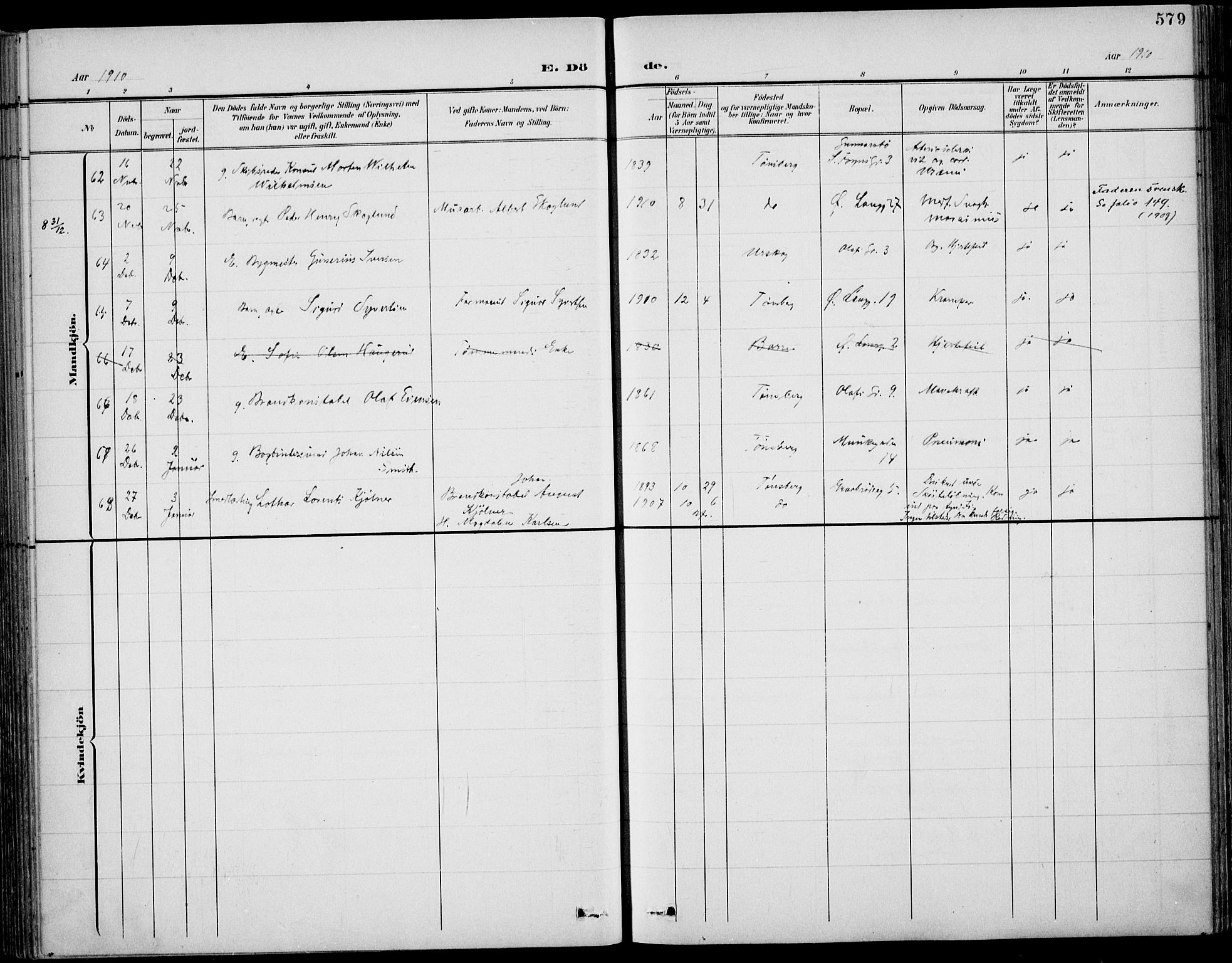 Tønsberg kirkebøker, AV/SAKO-A-330/F/Fa/L0013: Parish register (official) no. I 13, 1900-1913, p. 579