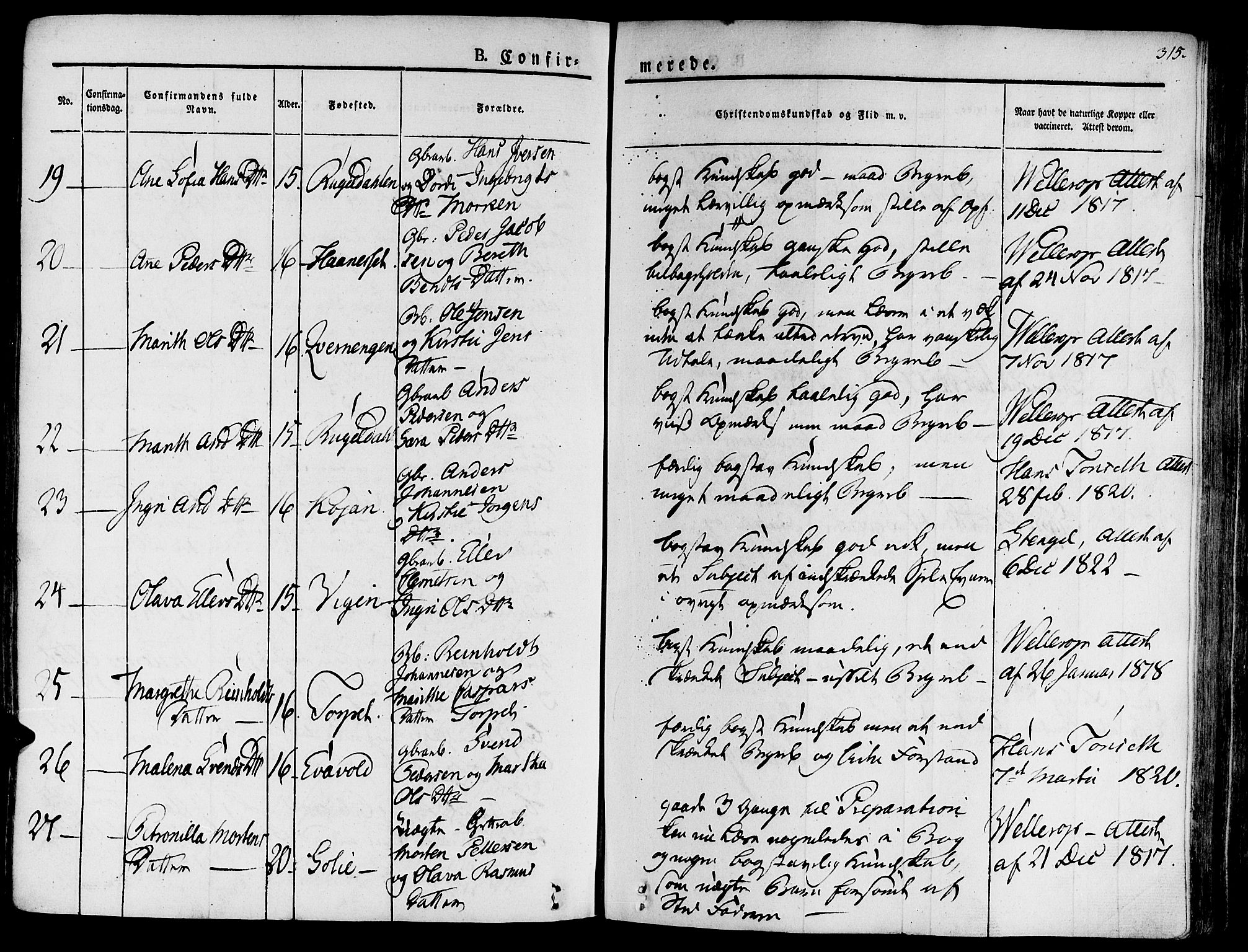 Ministerialprotokoller, klokkerbøker og fødselsregistre - Sør-Trøndelag, AV/SAT-A-1456/681/L0930: Parish register (official) no. 681A08, 1829-1844, p. 315