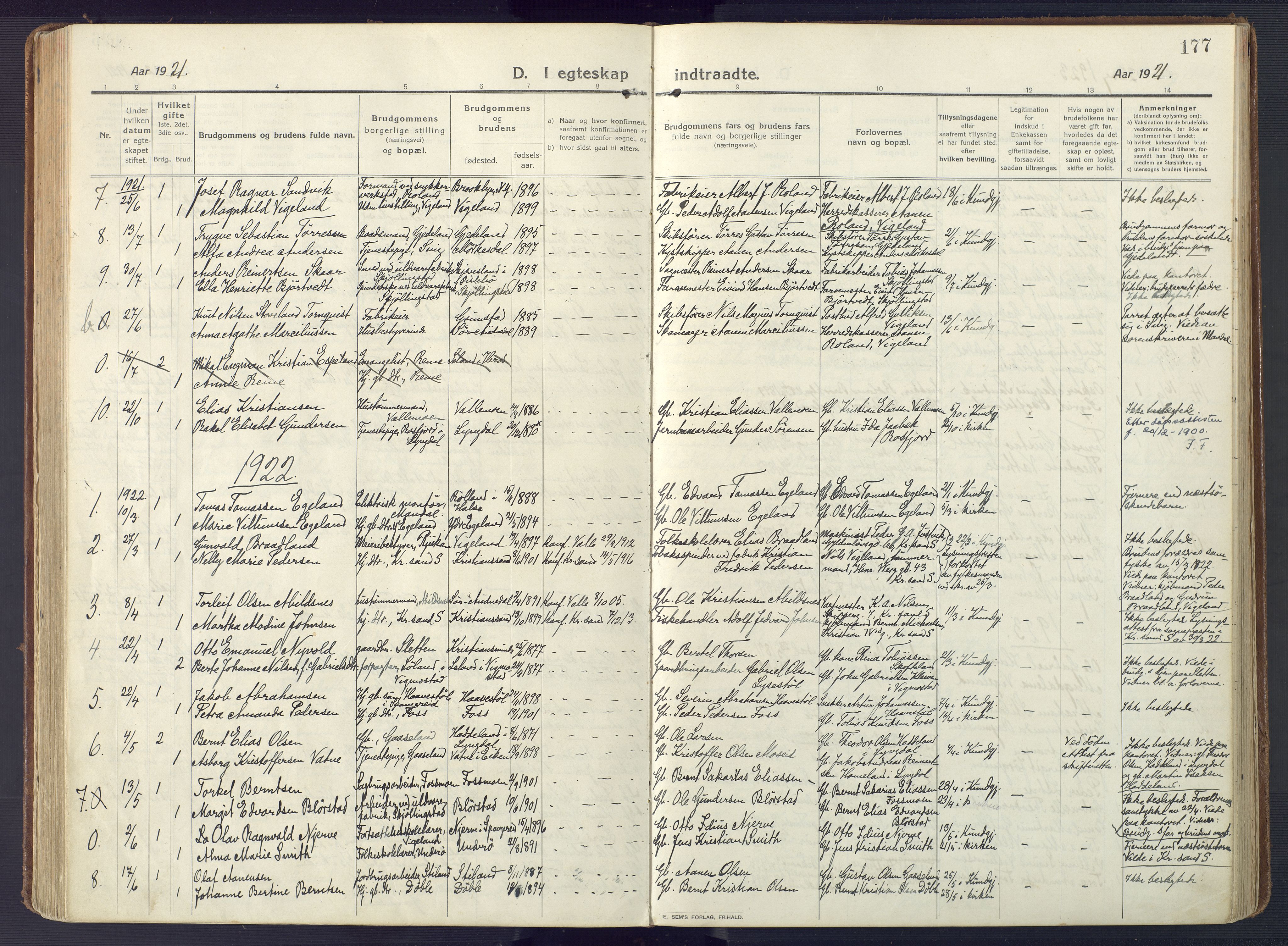 Sør-Audnedal sokneprestkontor, AV/SAK-1111-0039/F/Fa/Fab/L0011: Parish register (official) no. A 11, 1912-1938, p. 177