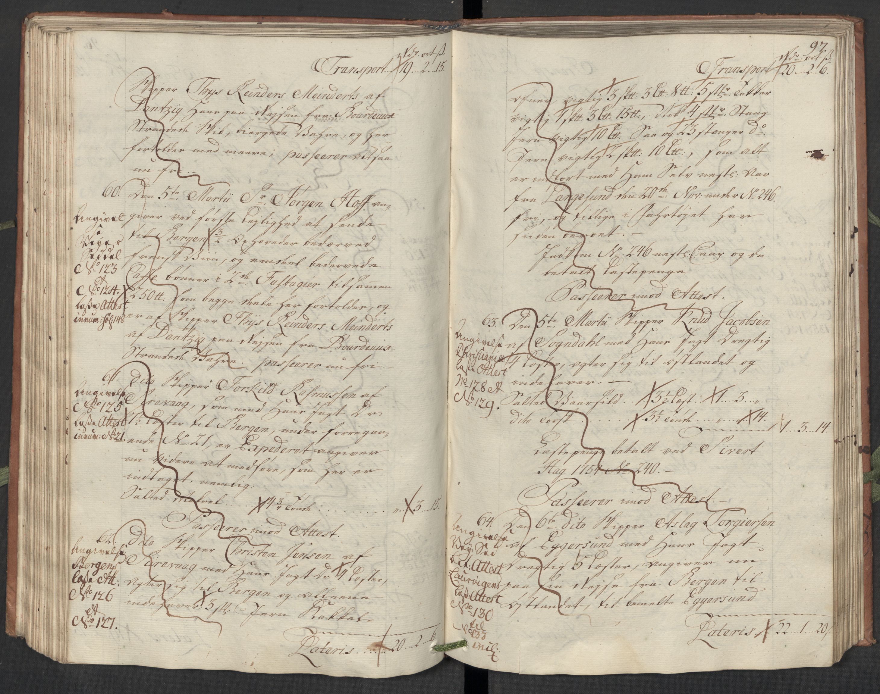 Generaltollkammeret, tollregnskaper, AV/RA-EA-5490/R22/L0018/0001: Tollregnskaper Stavanger / Hovedtollbok, 1756, p. 96b-97a