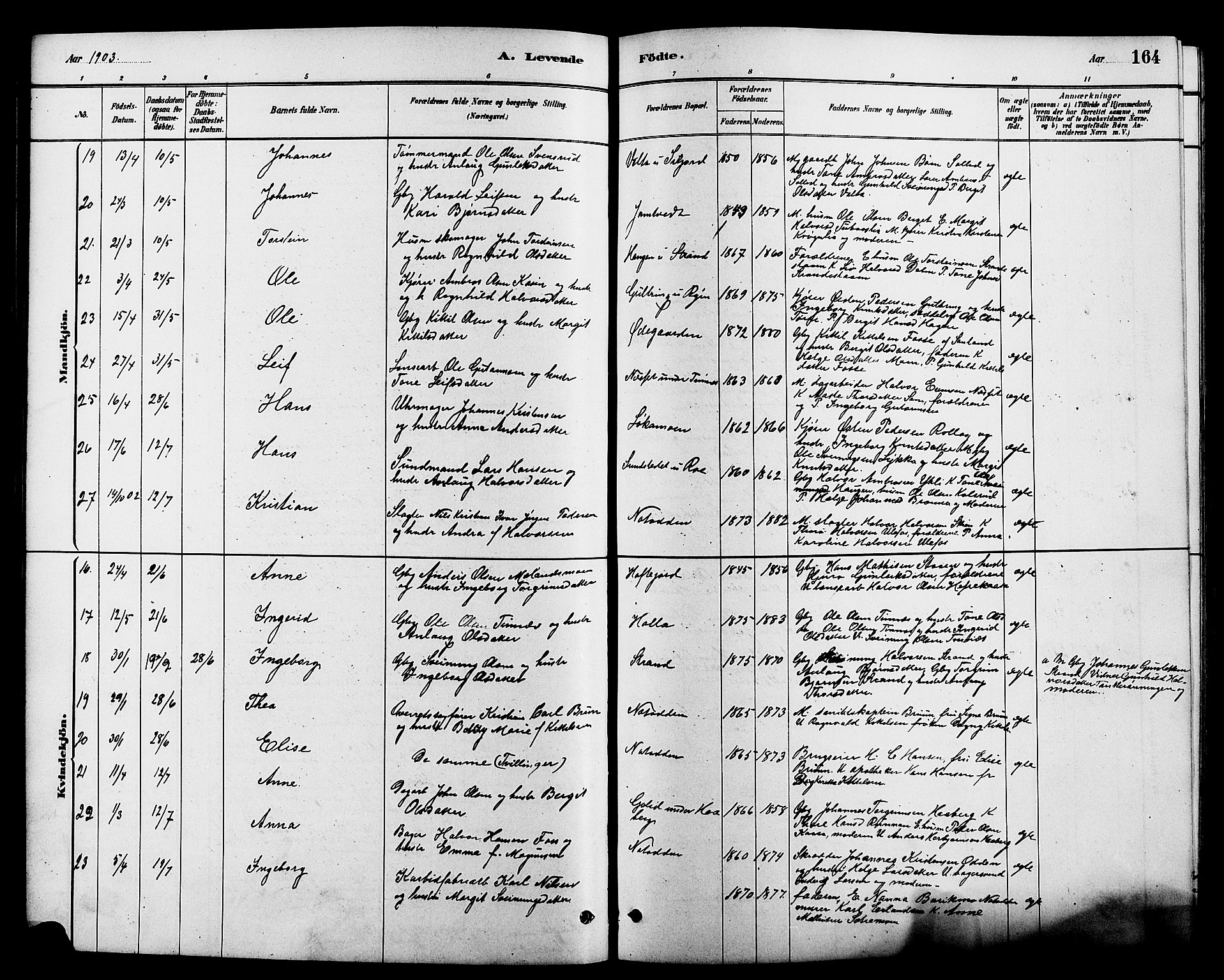 Heddal kirkebøker, SAKO/A-268/G/Ga/L0002: Parish register (copy) no. I 2, 1879-1908, p. 164
