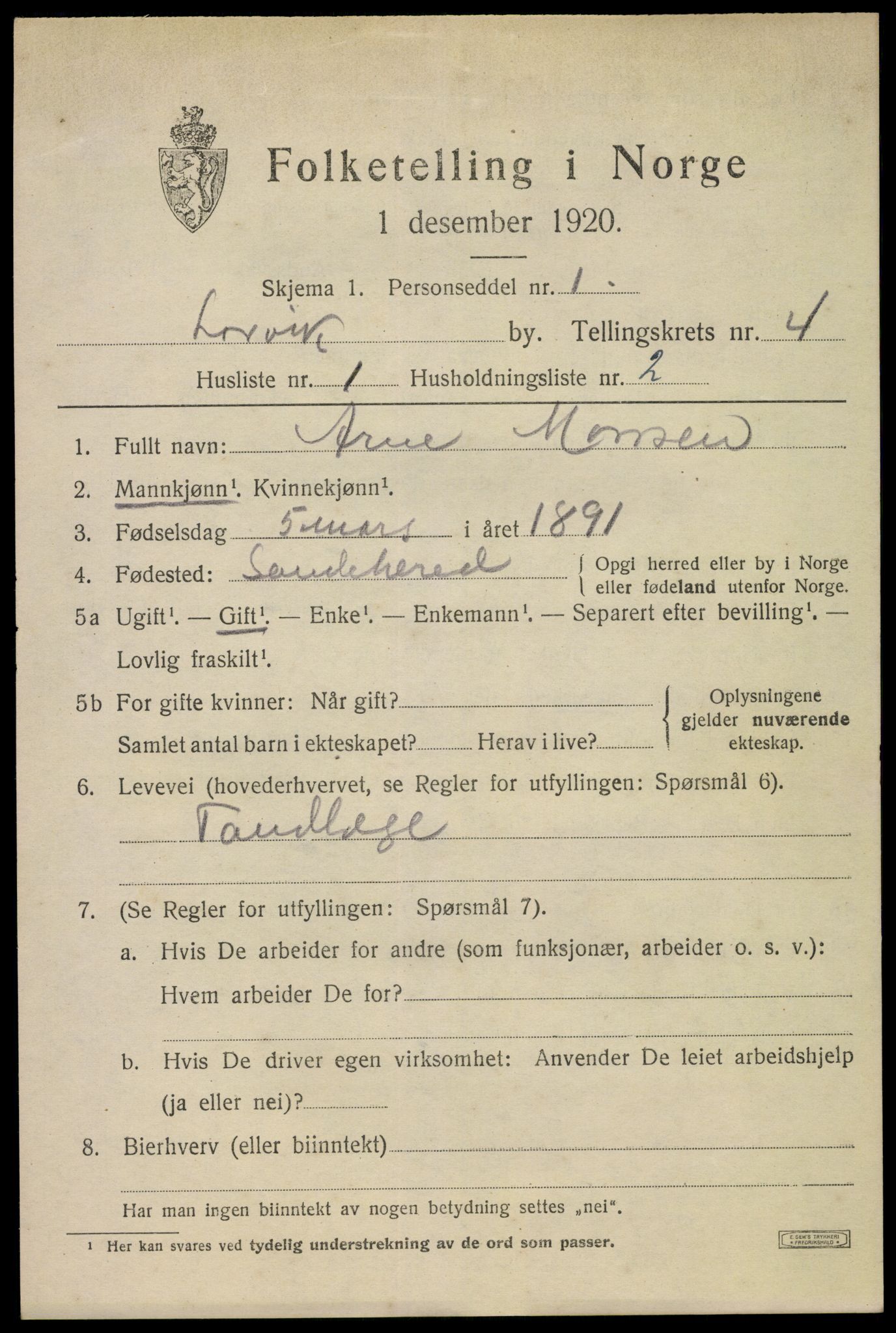 SAKO, 1920 census for Larvik, 1920, p. 13470