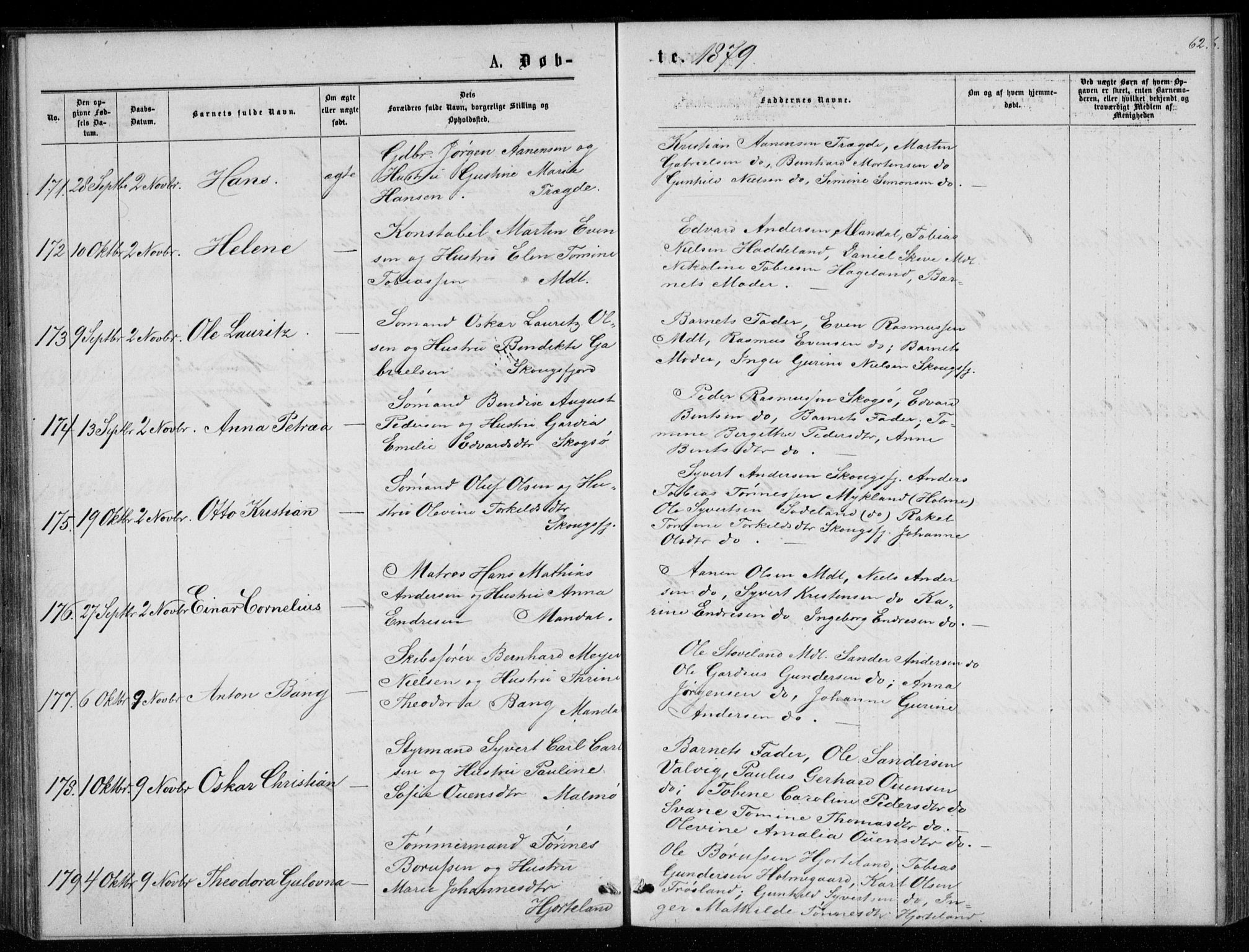Mandal sokneprestkontor, SAK/1111-0030/F/Fb/Fba/L0010: Parish register (copy) no. B 4, 1876-1880, p. 62