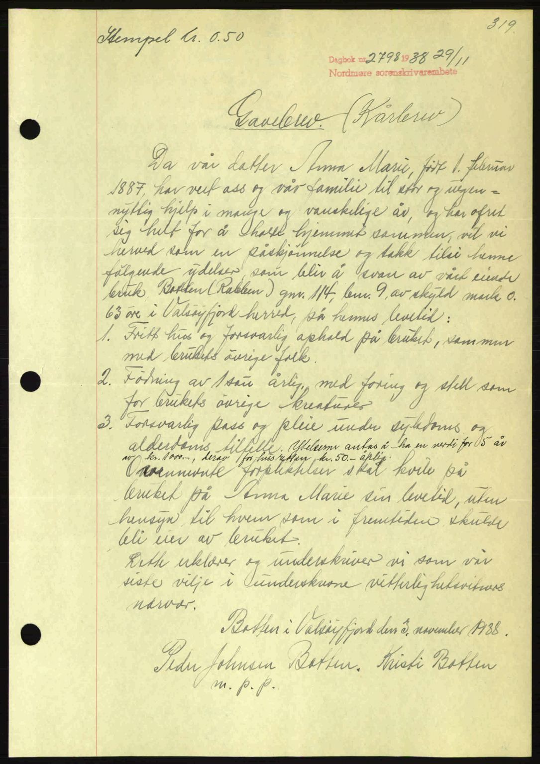 Nordmøre sorenskriveri, AV/SAT-A-4132/1/2/2Ca: Mortgage book no. B84, 1938-1939, Diary no: : 2798/1938