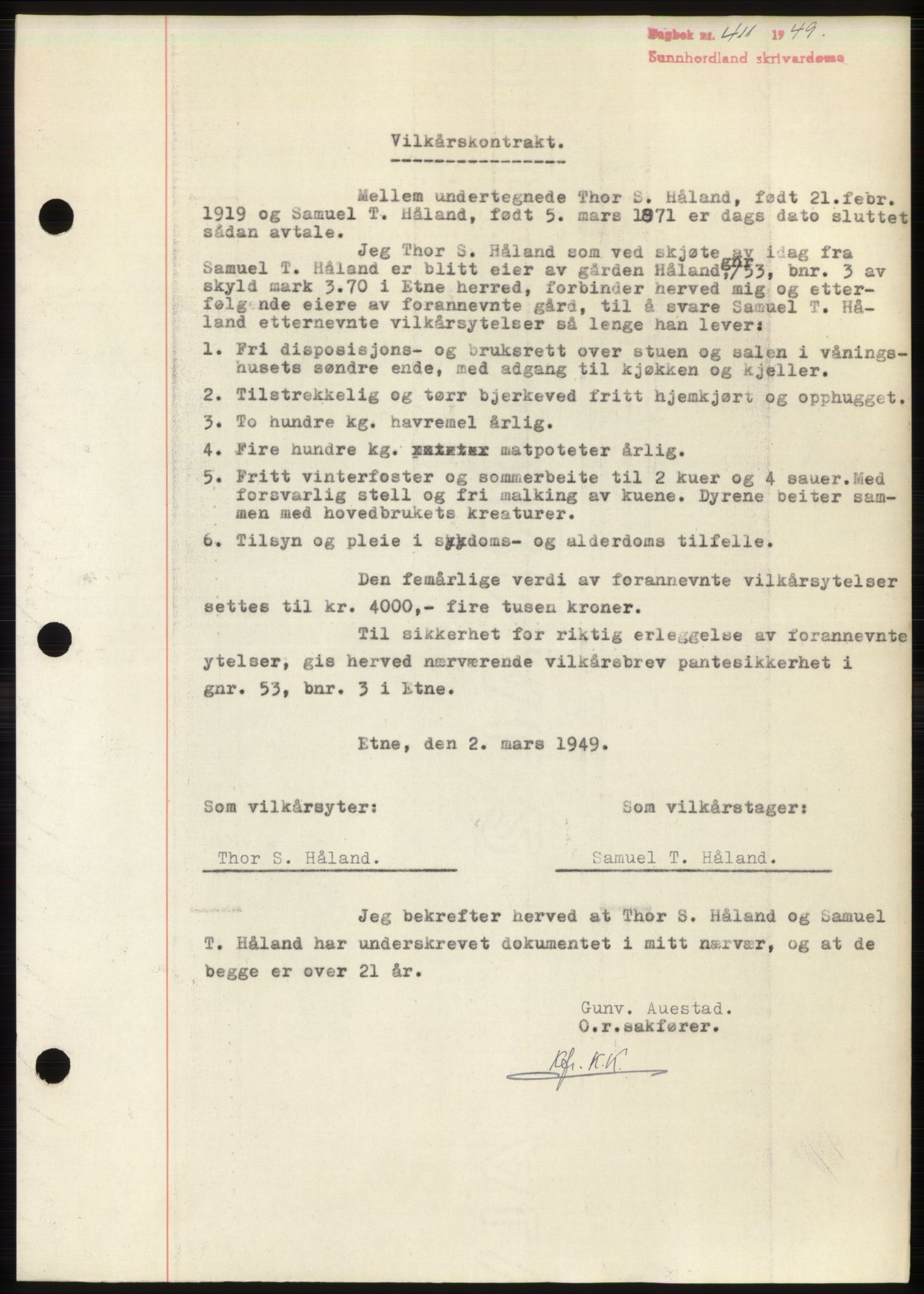 Sunnhordland sorenskrivar, AV/SAB-A-2401: Mortgage book no. B75-79, 1948-1950, Diary no: : 411/1949