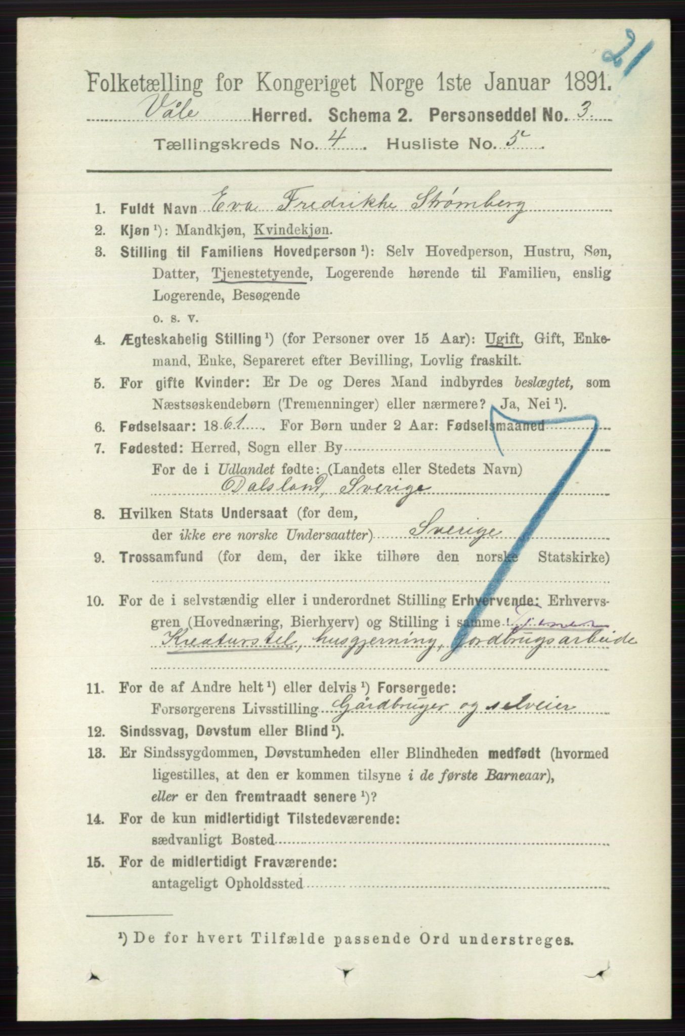 RA, 1891 census for 0716 Våle, 1891, p. 1011