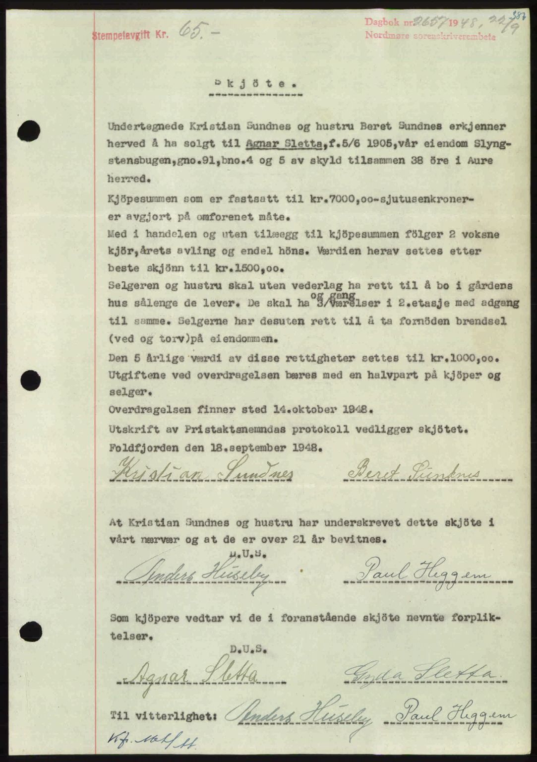 Nordmøre sorenskriveri, AV/SAT-A-4132/1/2/2Ca: Mortgage book no. A109, 1948-1948, Diary no: : 2657/1948