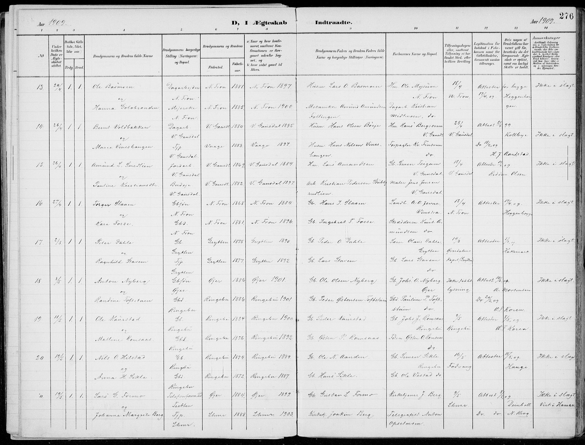 Lillehammer prestekontor, SAH/PREST-088/H/Ha/Haa/L0001: Parish register (official) no. 1, 1901-1916, p. 276