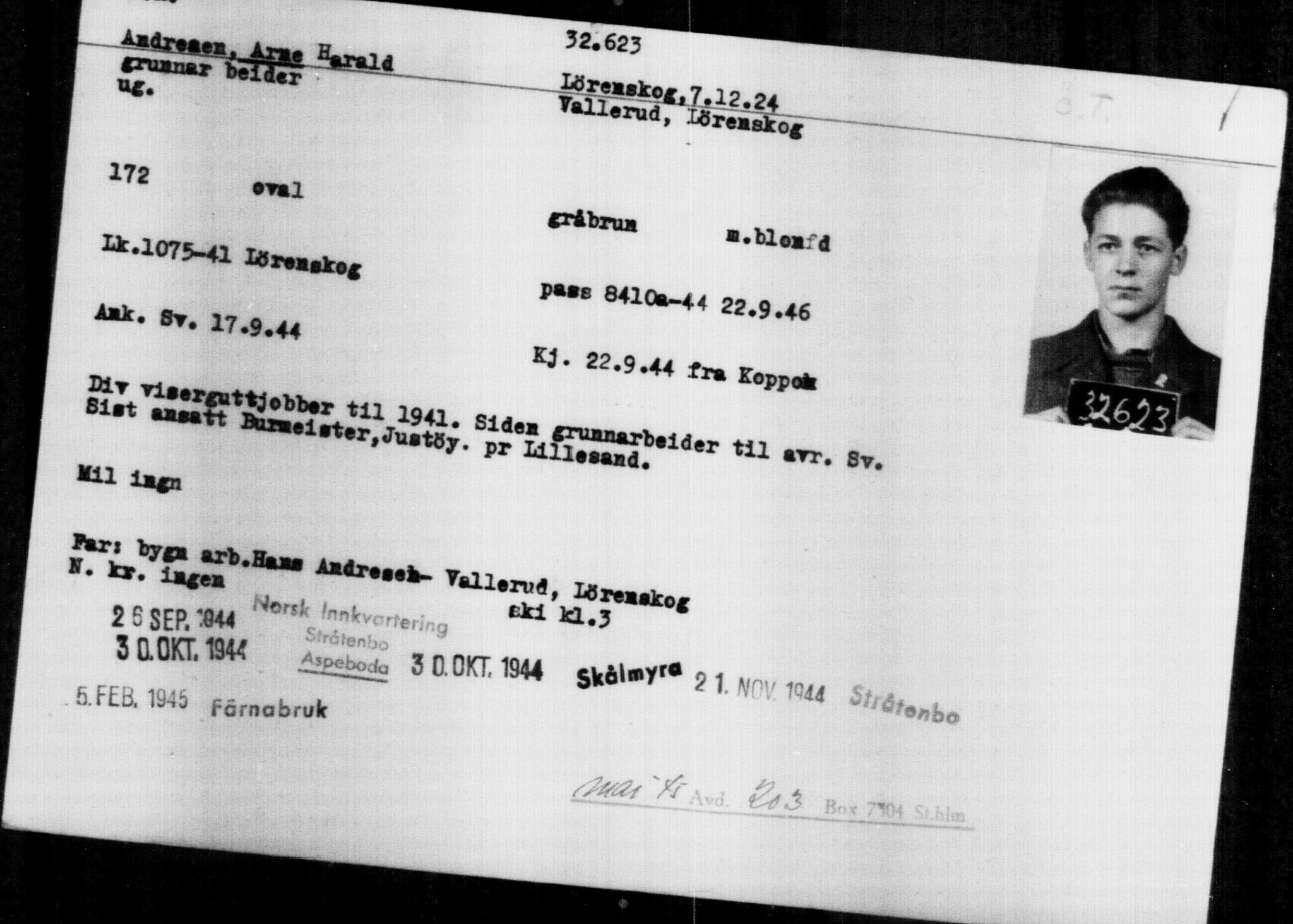 Utenriksstasjonene, Legasjonen i Stockholm, Flyktningkontoret, AV/RA-S-6753/V/Va/L0013: Kjesäterkartoteket, flyktninger med registreringsnr. 31500-34731, 1940-1945, p. 1186